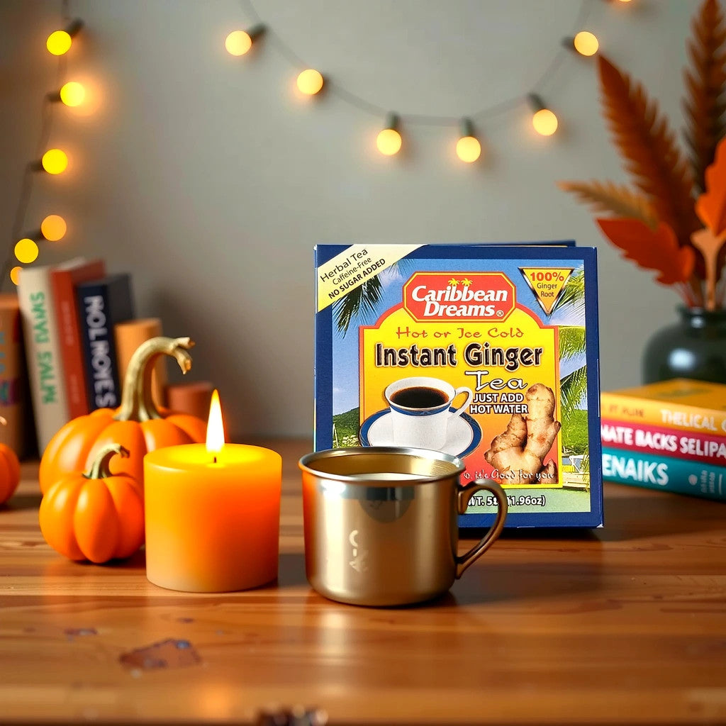 A cozy autumn scene features TOJ EXPRESSs Caribbean Dreams Instant Ginger Tea, reputed for its immune-boosting antioxidants. A lit candle, metal mug, and small pumpkins decorate the wooden table amid warm fairy lights and books, enhancing the inviting ambiance.