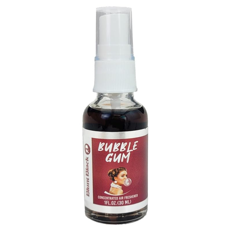 A compact 1 fl. oz. spray bottle labeled TOJ EXPRESS Blunt Black Air Freshener – Bubble Gum, featuring an image of a woman blowing bubble gum, serves as a powerful odor neutralizer with a sweet bubble gum scent.
