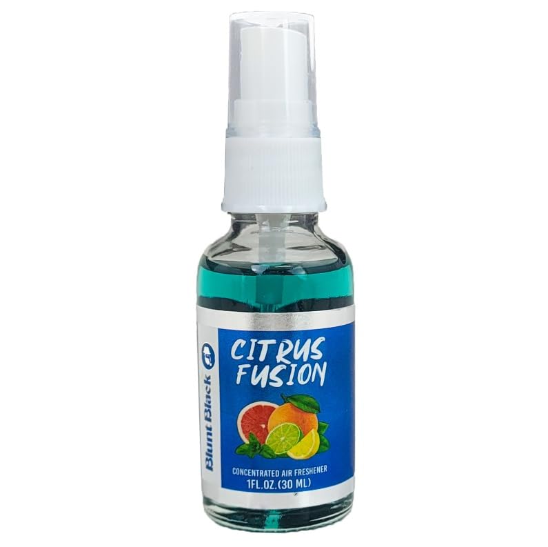 A compact spray bottle labeled "Blunt Black Air Freshener - Citrus Fusion" by TOJ EXPRESS, featuring images of grapefruit, lime, and orange. The bottle holds 1 fl oz (30 mL) of green concentrated air freshener, making it ideal for use in cars or to freshen up any space.