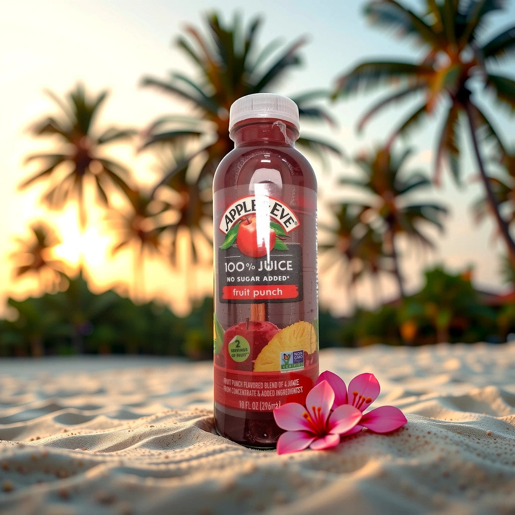 An Apple and Eve Fruit Punch bottle from TOJ EXPRESS, labeled 100% real fruit juice, no sugar added, rests on a sandy beach. Pink flowers are nearby, with palm trees silhouetted against a sunrise in the background.