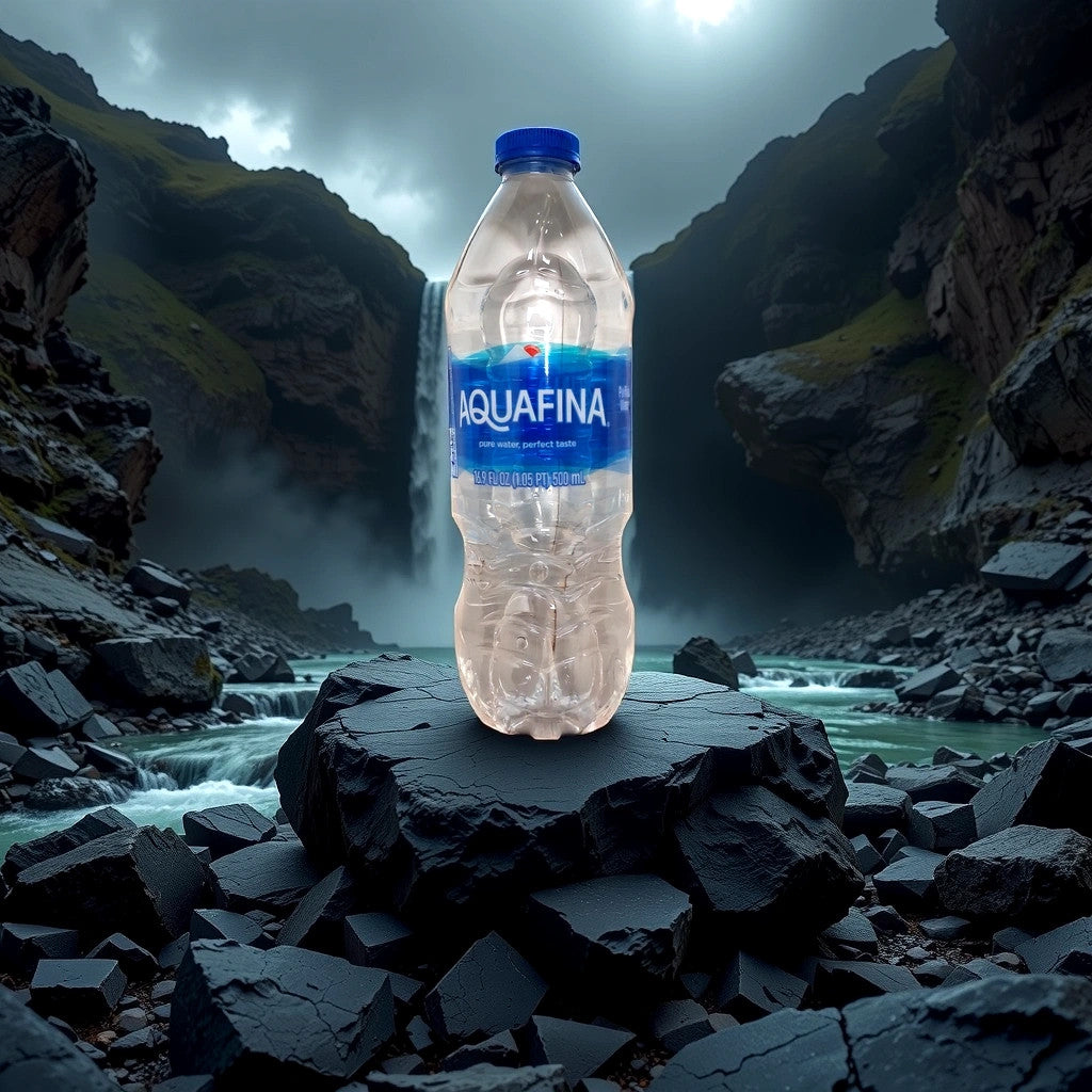 A large TOJ EXPRESS Aquafina Water bottle sits on a black rock pedestal, framed by dramatic dark mountains and a flowing river under cloudy skies, epitomizing pure water and clean hydration amidst natures grandeur.