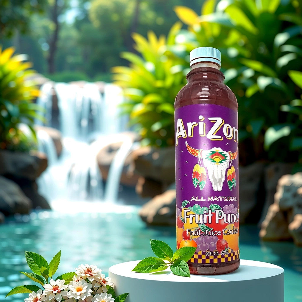 An Arizona Fruit Punch bottle by TOJ EXPRESS stands on a pedestal in a lush jungle, with a waterfall flowing into a pool behind it. Flowers and leaves adorn the pedestal, blending seamlessly with the vibrant, tropical backdrop, enhancing its all-natural allure.