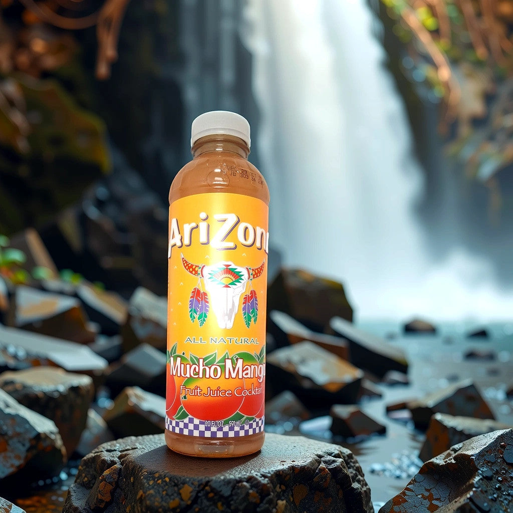 An Arizona Mucho Mango bottle from TOJ EXPRESS rests on rocky terrain with a blurred waterfall in the backdrop, boasting vibrant tropical designs that highlight its natural sweetness with the words All Natural and Mucho Mango.