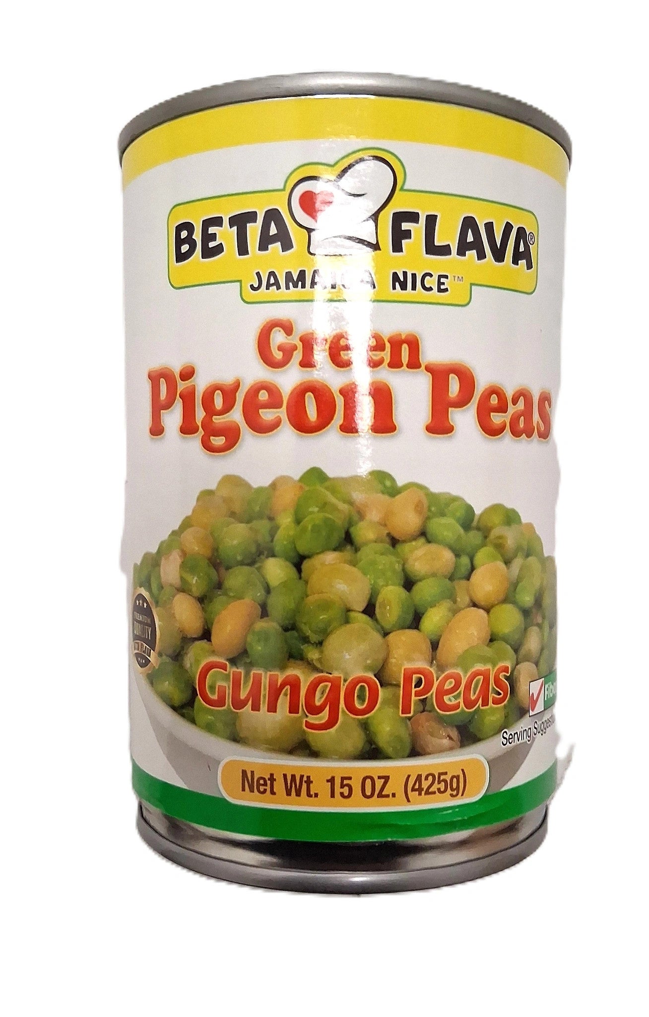 A 15 oz (425g) can of BETA FLAVA Pigeon Peas by TOJ EXPRESS, labeled Jamaican Nice! and Gungo Peas, features a vibrant photo of protein-rich peas. Packed with dietary fiber, these are perfect for any meal.