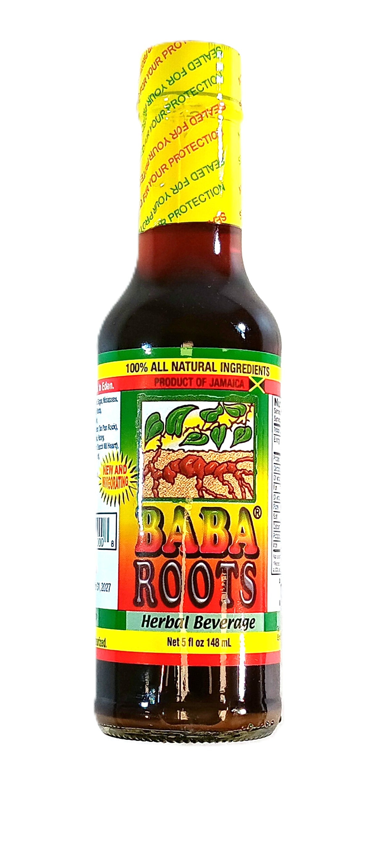 The 5 fl oz Baba Roots Drink by TOJ EXPRESS features a yellow cap and a colorful herbs-and-roots label. Made in Jamaica, this elixir boosts stamina with 100% All Natural Ingredients, offering a natural vitality boost.