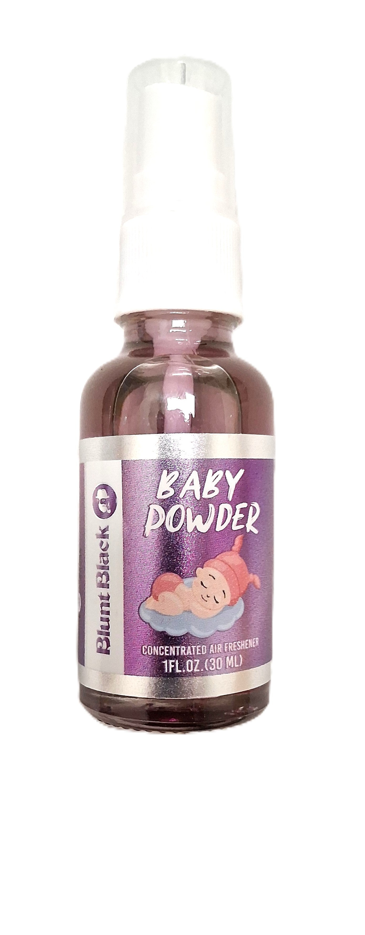 The TOJ EXPRESS Blunt Black Air Freshener in Baby Powder features purple branding with a sleeping baby cartoon. This 1 FL OZ (30 ML) concentrated formula effectively fights odors, keeping your space fresh and inviting with a delightful baby powder scent.
