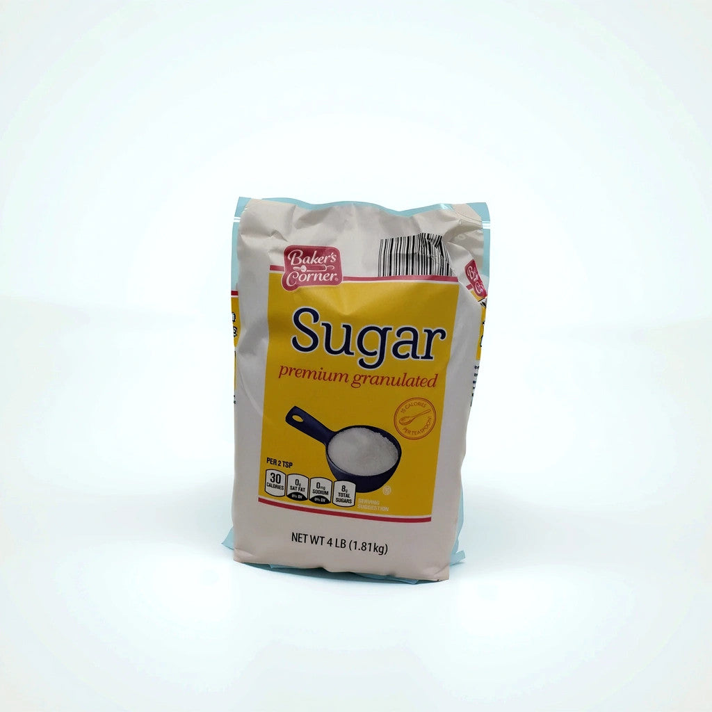 A 4-pound bag of TOJ EXPRESS Bakers Corner Premium Granulated Sugar with a yellow label, scoop illustration, and nutrition icons stands upright on a plain white background.