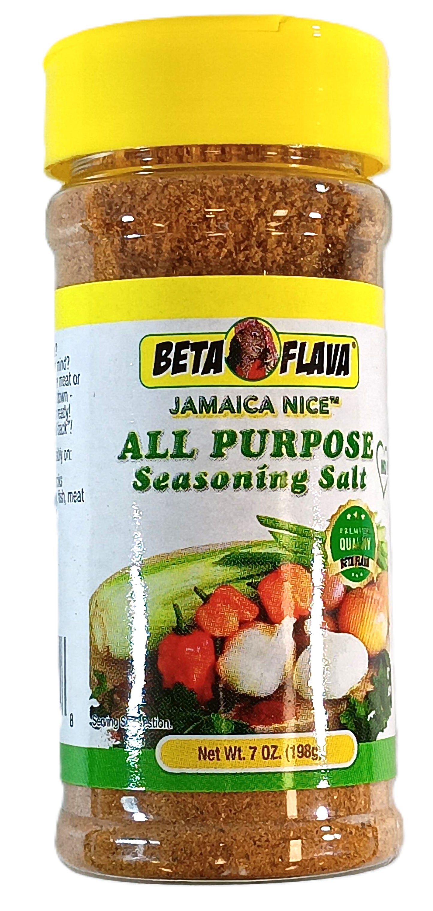 A 7 oz (198g) jar of TOJ EXPRESS BETA FLAVA All Purpose Seasoning Salt adds flavor to your dishes. The label features vibrant veggies and spices, with the product name, and is topped by a yellow lid.