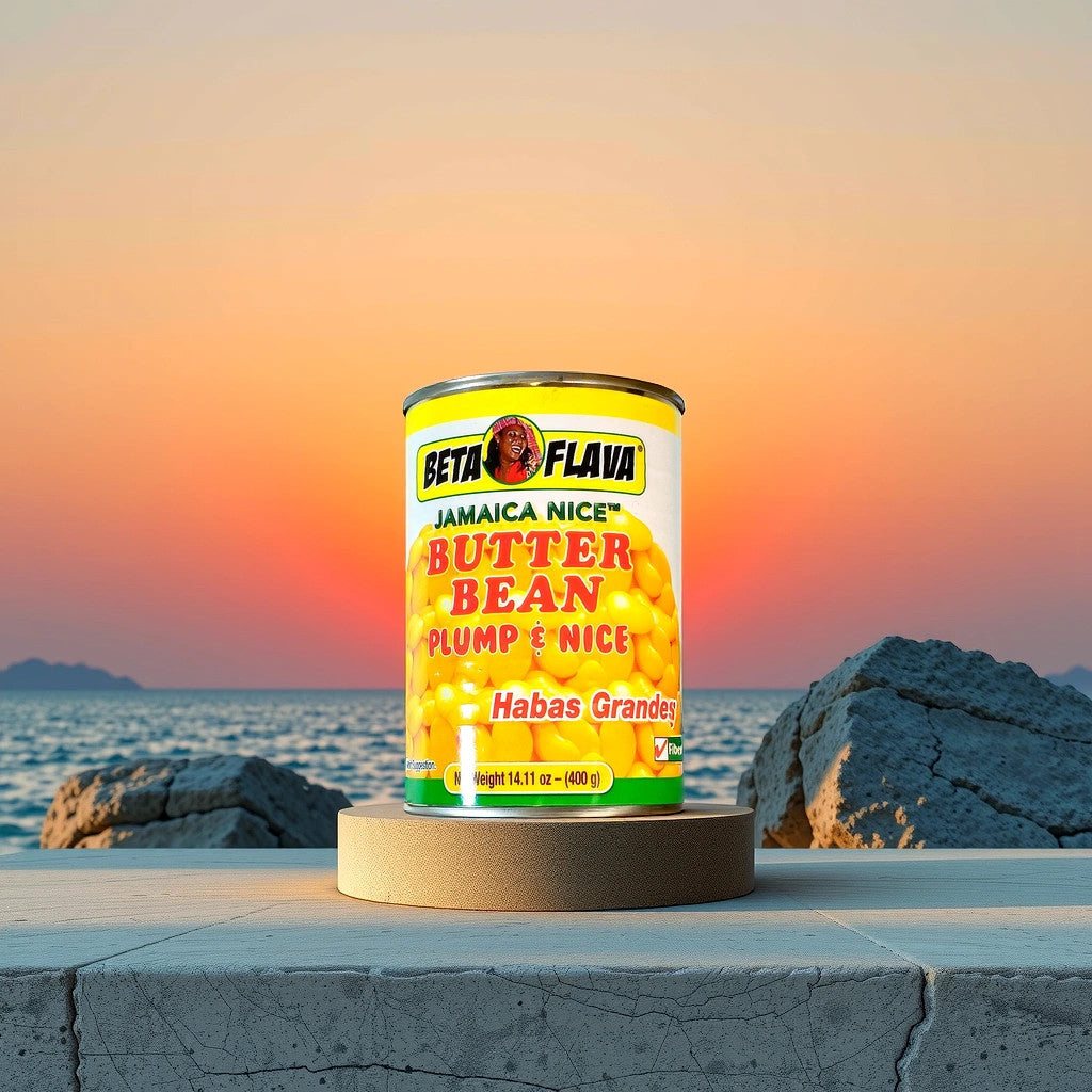 A TOJ EXPRESS can labeled BETA FLAVA Butter Bean Plump & Nice entices with an image of creamy butter beans, shows Habas Grandes, weighs 14.11 oz (400g), and has a high fiber icon.
