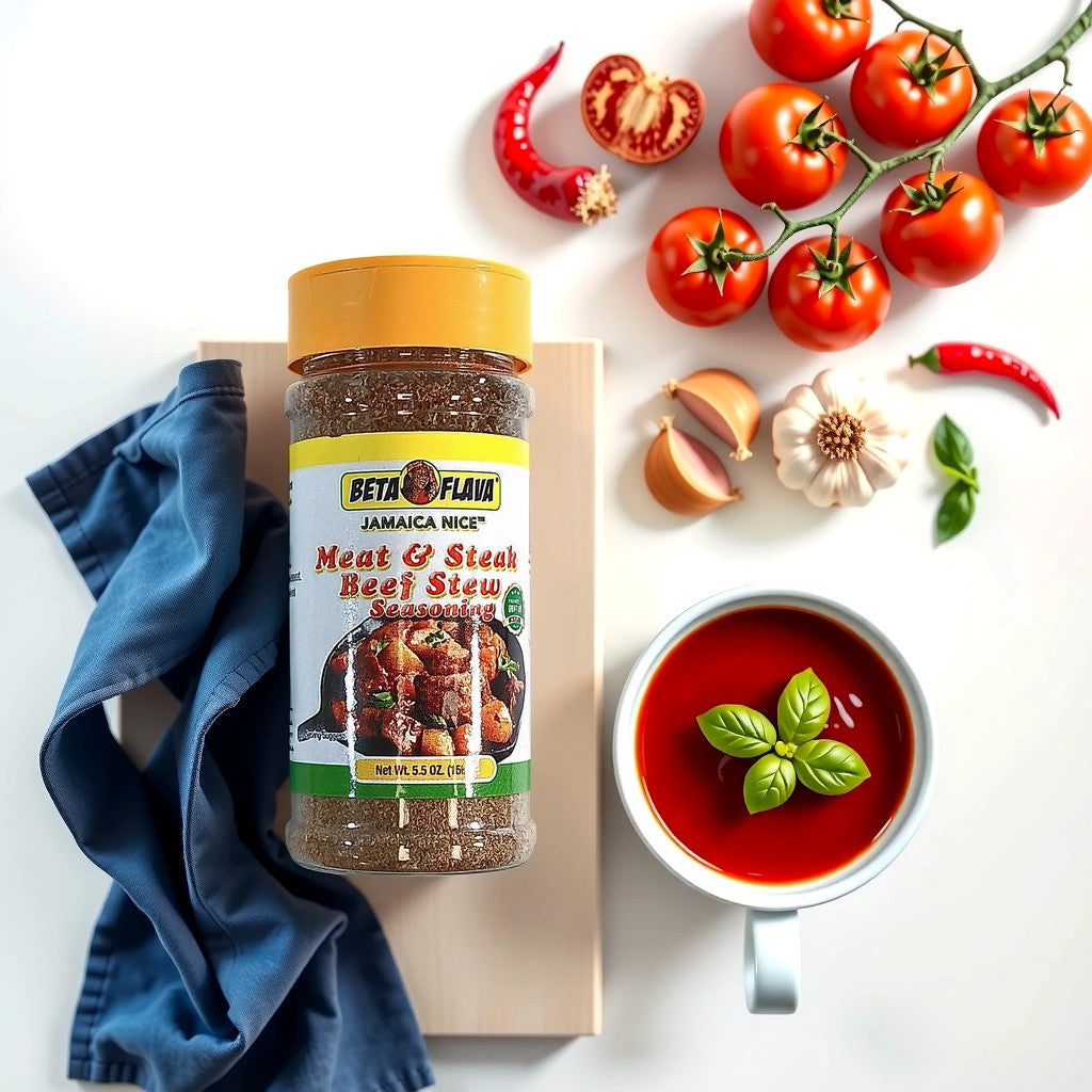 A 5.5 oz jar of TOJ EXPRESS BETA FLAVA Meat and Stew Beef Seasonings, featuring a savory stew beef image, comes with a yellow lid and is expertly crafted for culinary delight.