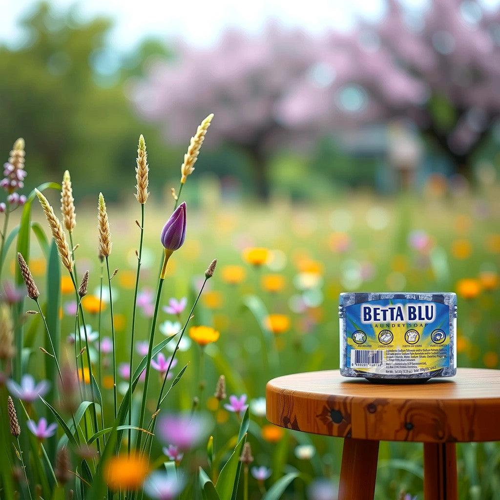 The eco-friendly packaging of TOJ EXPRESS Betta Blue Laundry Soap features a colorful design and emphasizes four benefits: Whiter and brighter, Fresh scent, Superior stain removal as Betta on stains, and Lasts longer. Includes ingredients; net weight is 3x130g (13.6 oz). Made in Dominica.