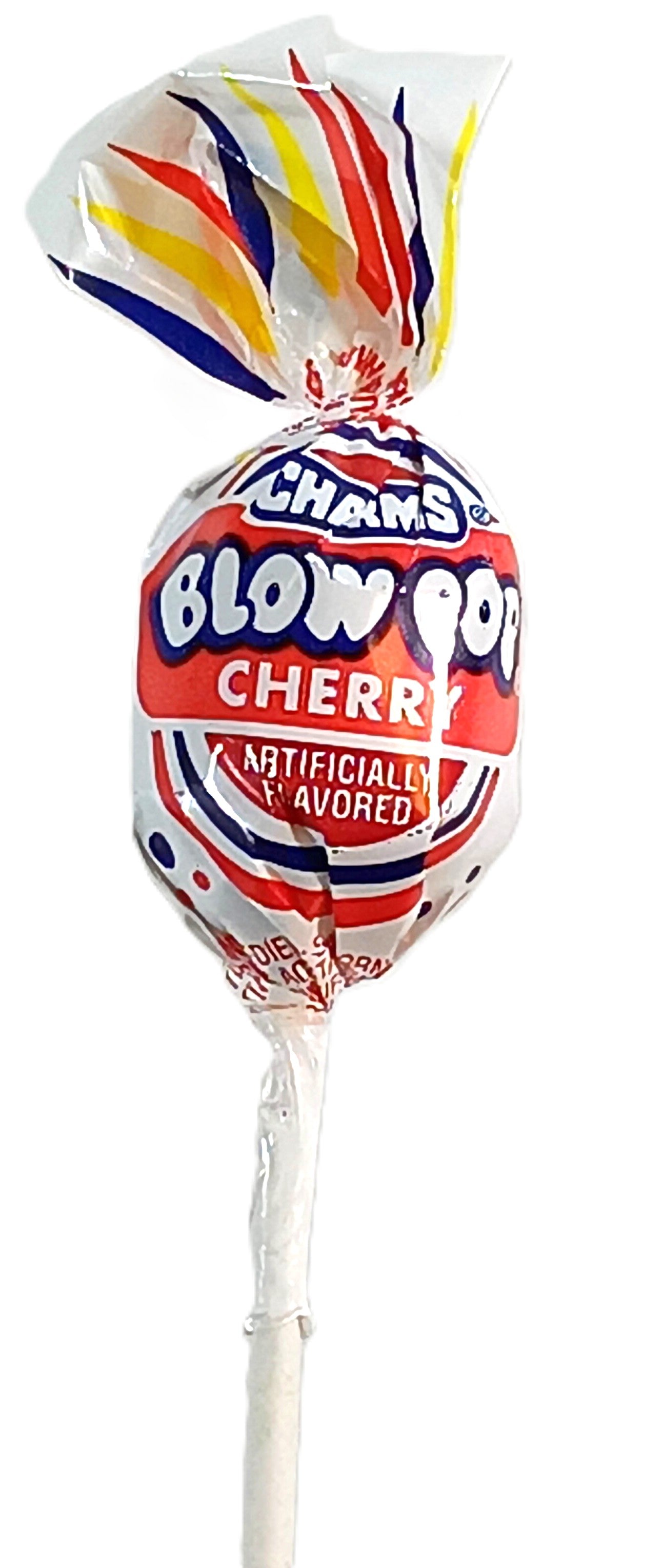 A wrapped TOJ EXPRESS Blow Pop Candy lollipop with a red, white, and blue design prominently displays its flavor and brand. Inside this colorful treat is a chewy gum center, with a white stick extending from the bottom.