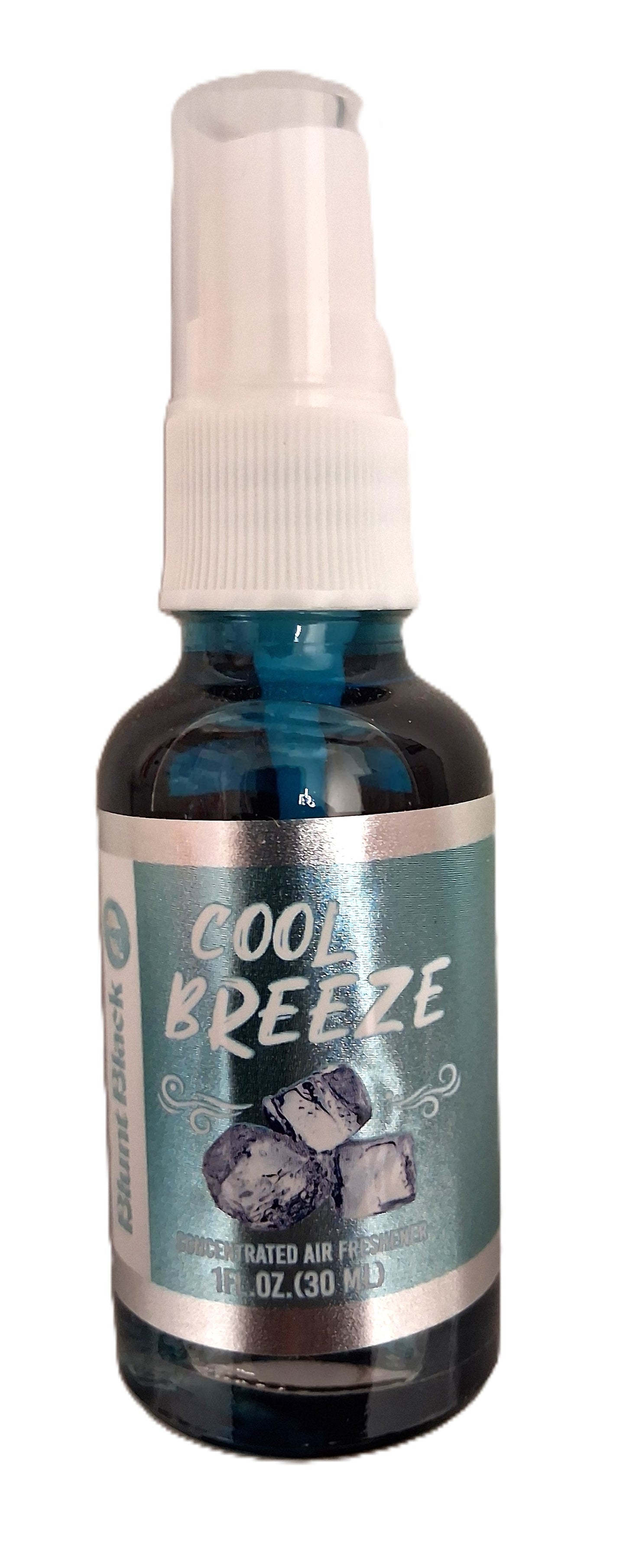 TOJ EXPRESSs BluntBlack_CoolBreeze is a 1 fl. oz. (30 ml) blue spray bottle labeled with ice cubes, holding a concentrated air freshener that refreshes your space with each spritz, creating a cool breeze sensation.