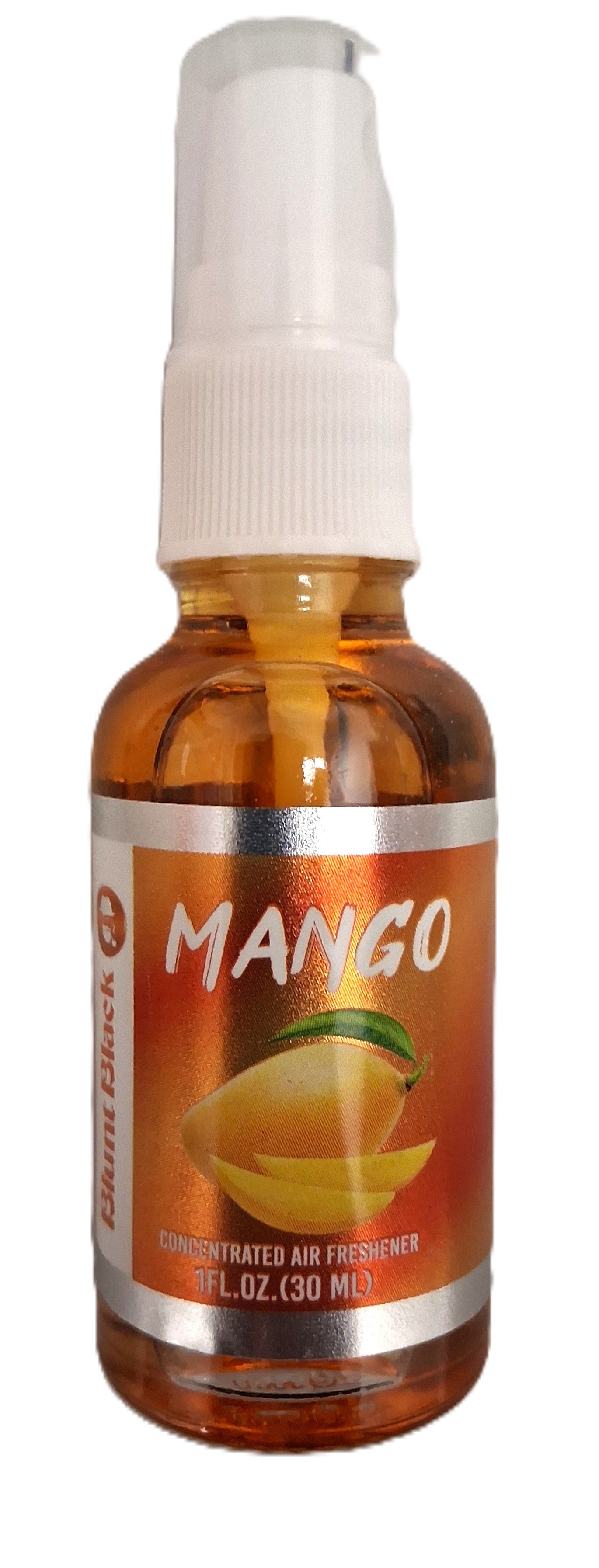 A 1 fl. oz. amber spray bottle from TOJ EXPRESS, labeled BluntBlack_Mango, showcases a sliced mango image and offers a tropical vibe as a Concentrated Air Freshener.