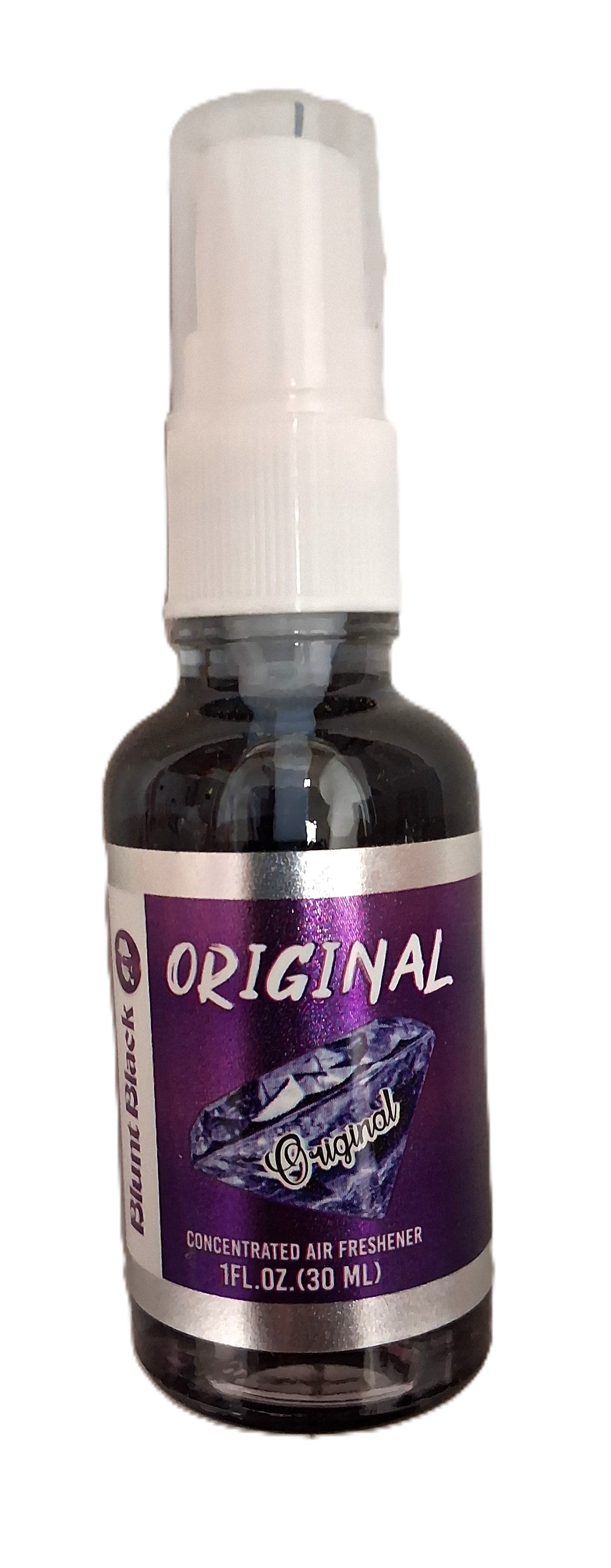 A 1 fl. oz. (30 ml) spray bottle marked BluntBlack_Original by TOJ EXPRESS has a purple label reading Concentrated Air Freshener, an image of a gemstone, and is ideal as car accessories.