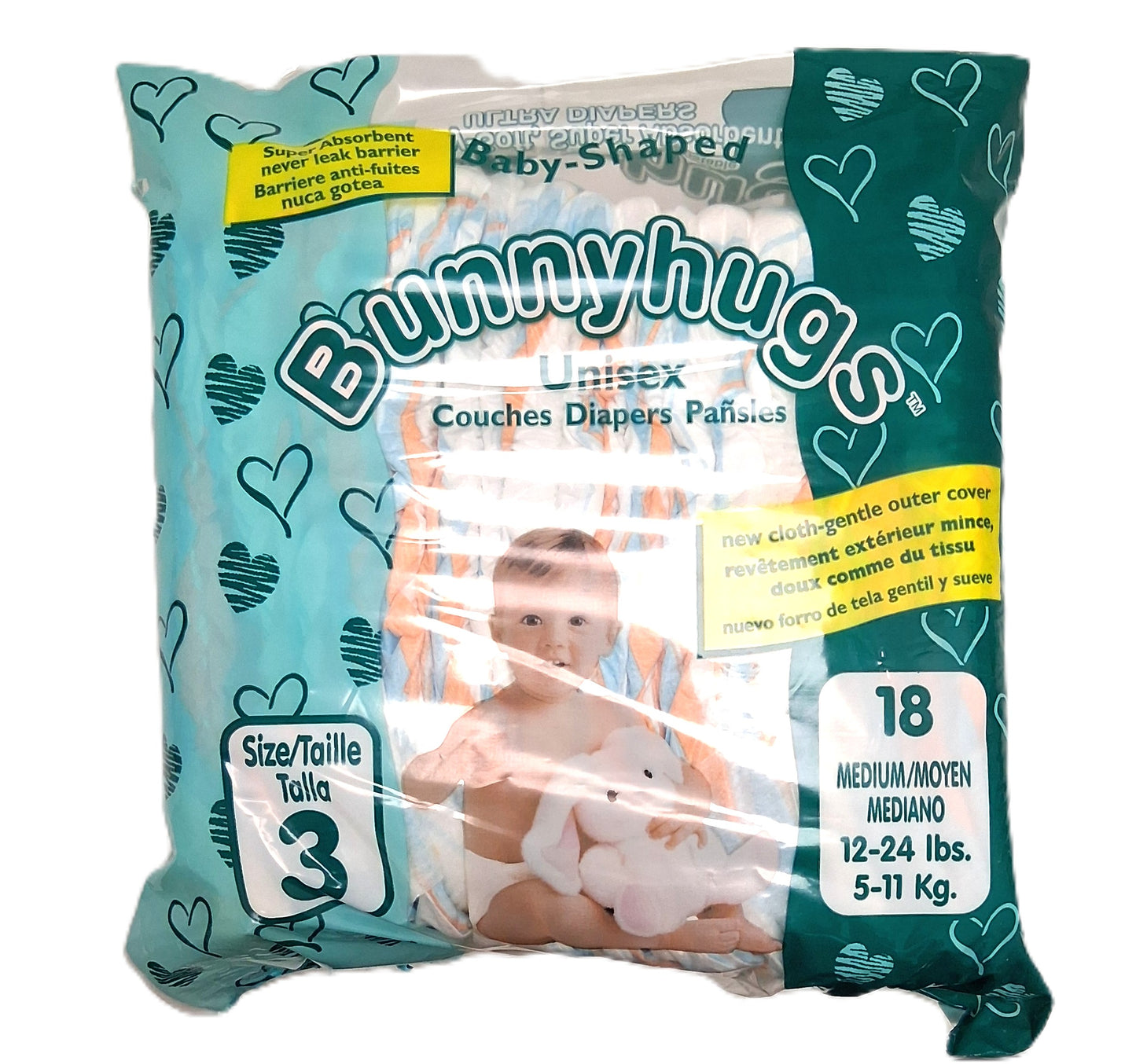 The teal Bunnyhugs package from TOJ EXPRESS features Size 3 (12-24 lbs/5-11 kg) diapers decorated with hearts and a smiling baby holding a stuffed bunny. With 18 diapers, they have a new soft outer cover that helps prevent rashes while keeping your little one cozy.