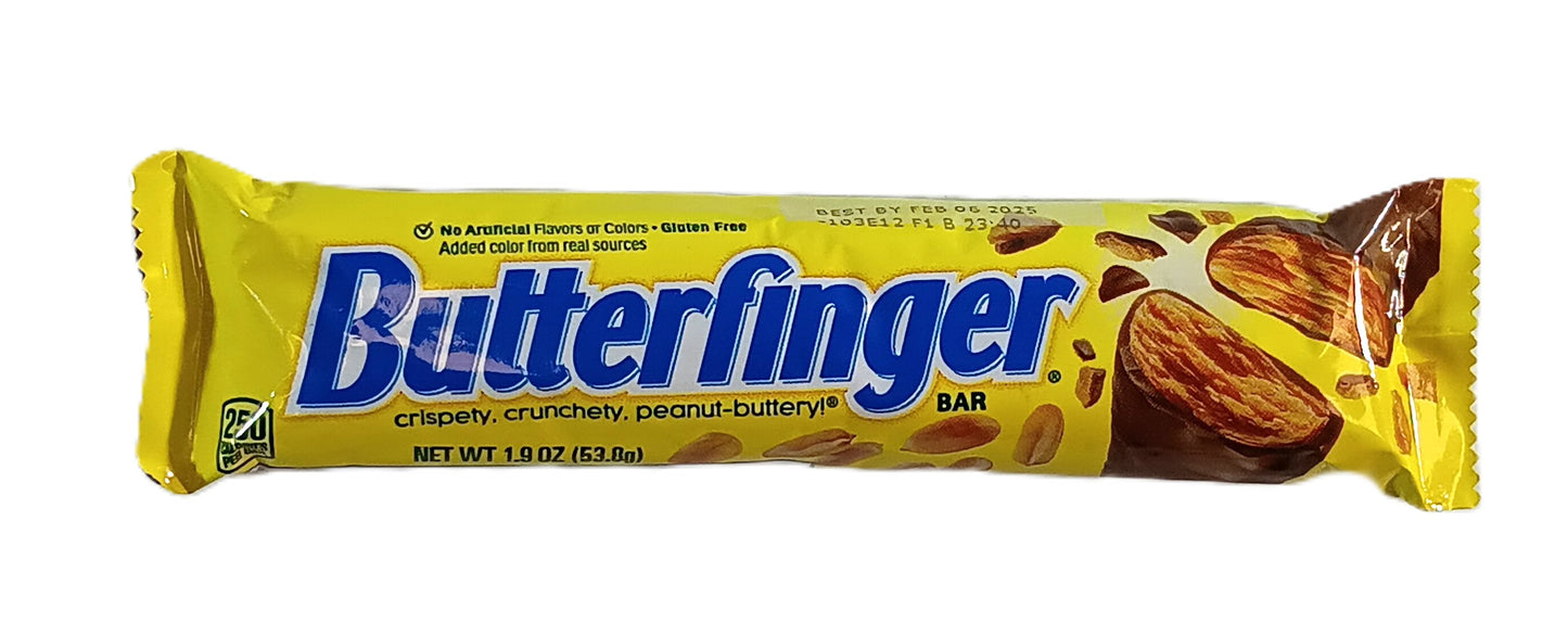 A TOJ EXPRESS Butterfinger candy bar in a yellow package promises a crispety, crunchety, peanut-buttery treat. Its packaging displays images of halved bars and peanuts to emphasize the crunchy texture. Net weight: 1.9 oz (53.8 g).