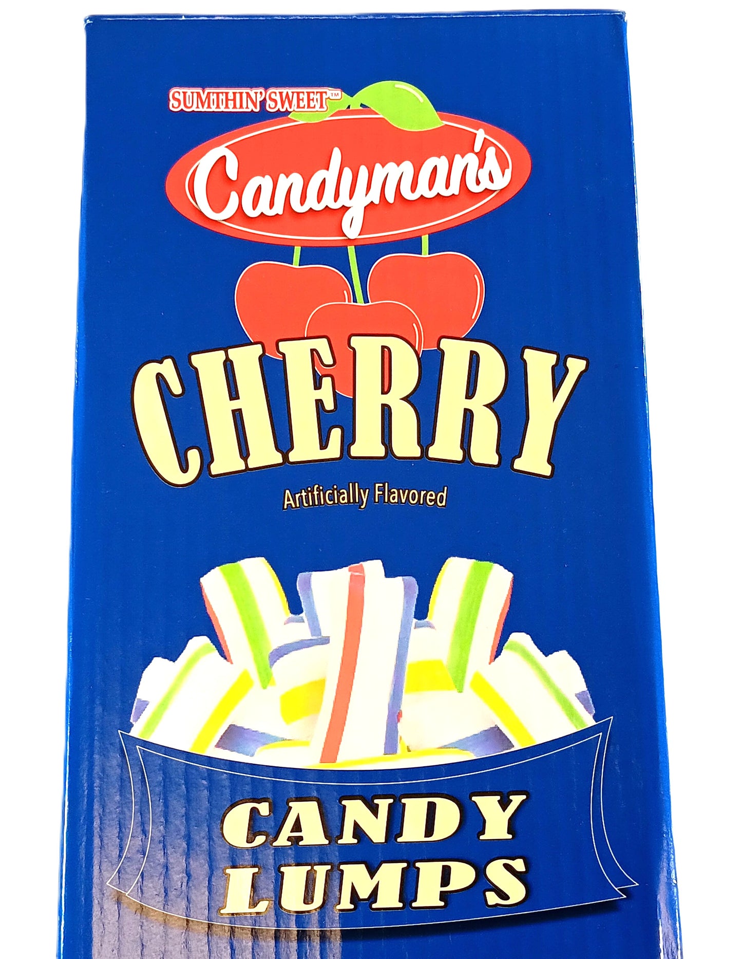 The blue box of TOJ EXPRESS Candymans Candy Lumps displays delectable treats with an image of colorful candy sticks and two red cherries. The label declares these delightful lumps are artificially flavored.