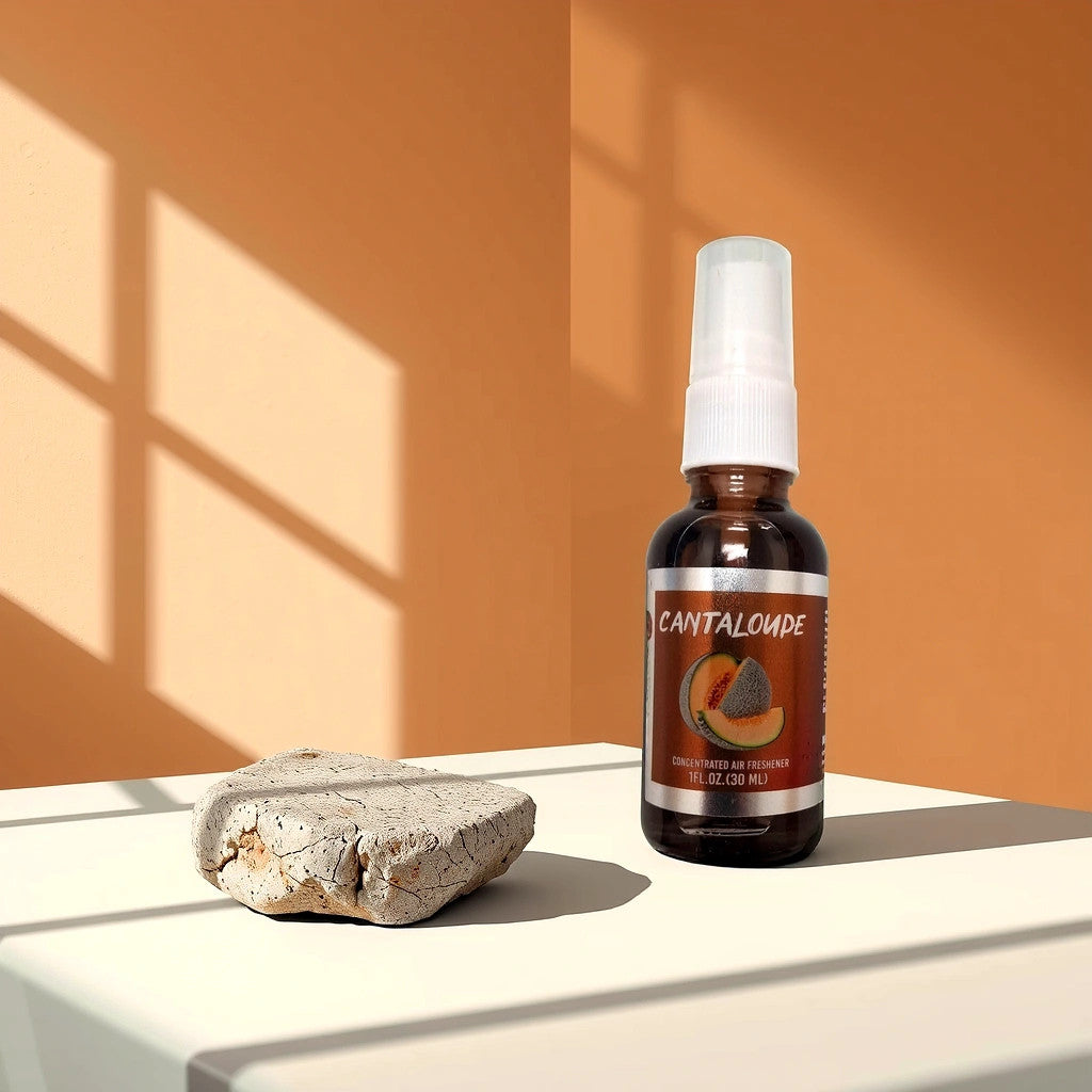 A TOJ EXPRESS Blunt Black Air Freshener in Cantaloupe Fragrance, with a spray nozzle, sits on a white surface beside a textured stone. Its fruity aroma complements the scene against an orange wall where window shadows exude a warm, minimalist vibe.