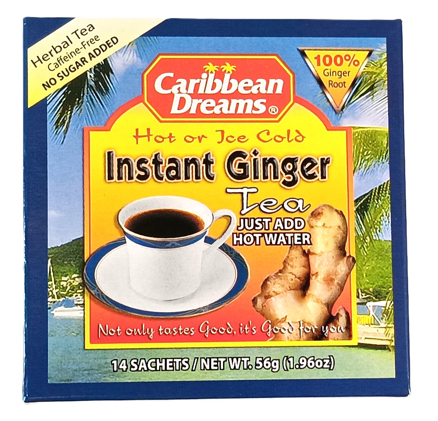 TOJ EXPRESSs Caribbean Dreams Instant Ginger Tea, rich in immune-boosting antioxidants, is packaged with a tropical theme featuring a tea cup and ginger. It states Hot or Ice Cold, includes 14 sachets (56g), and is labeled No sugar added. Herbal Tea. Caffeine-Free.
