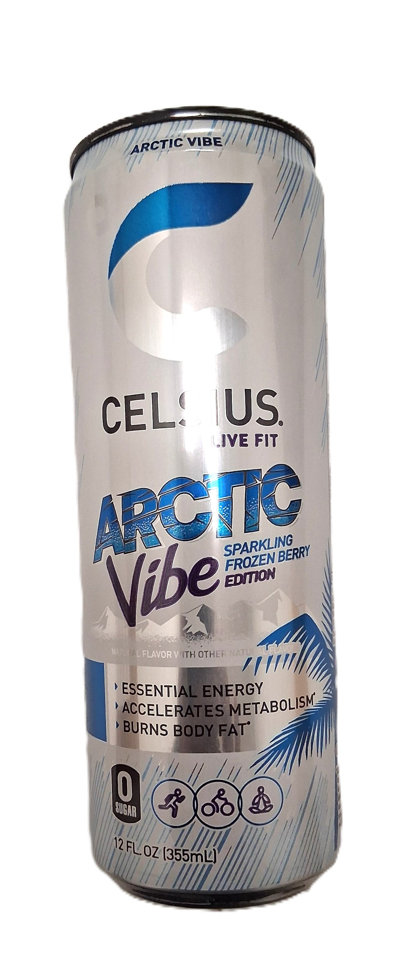 A silver TOJ EXPRESS Celsius Arctic Vibe Energy Drink can features blue and purple text stating Sparkling Frozen Berry Edition. The label highlights essential energy benefits, claiming it Accelerates Metabolism and Burns Body Fat, with a graphic of icy leaves.