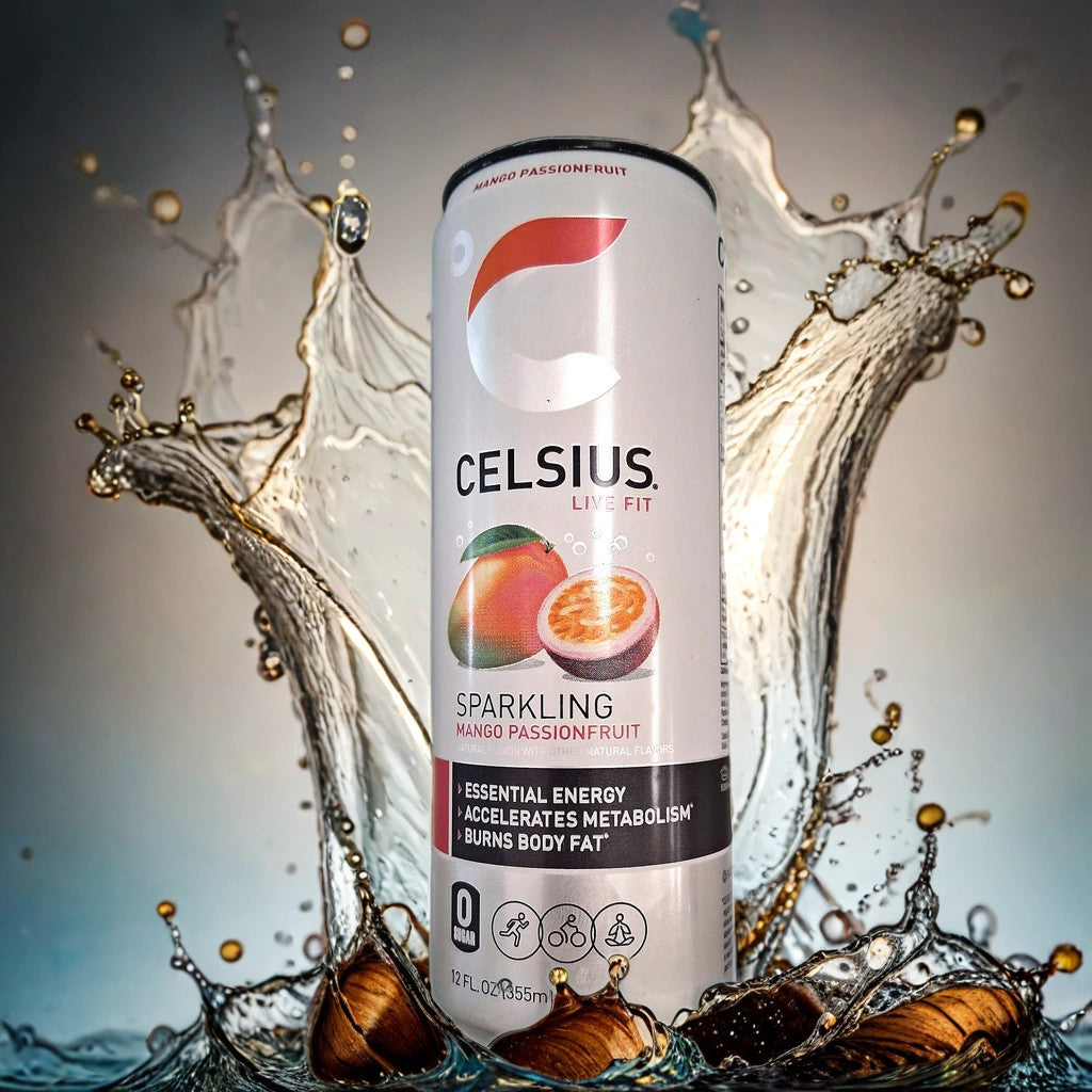 A can of TOJ EXPRESS Celsius_Mango PassionFruit energy drink stands upright amid a vibrant splash and fresh mango and passionfruit slices, with suspended water droplets highlighting its refreshing taste.