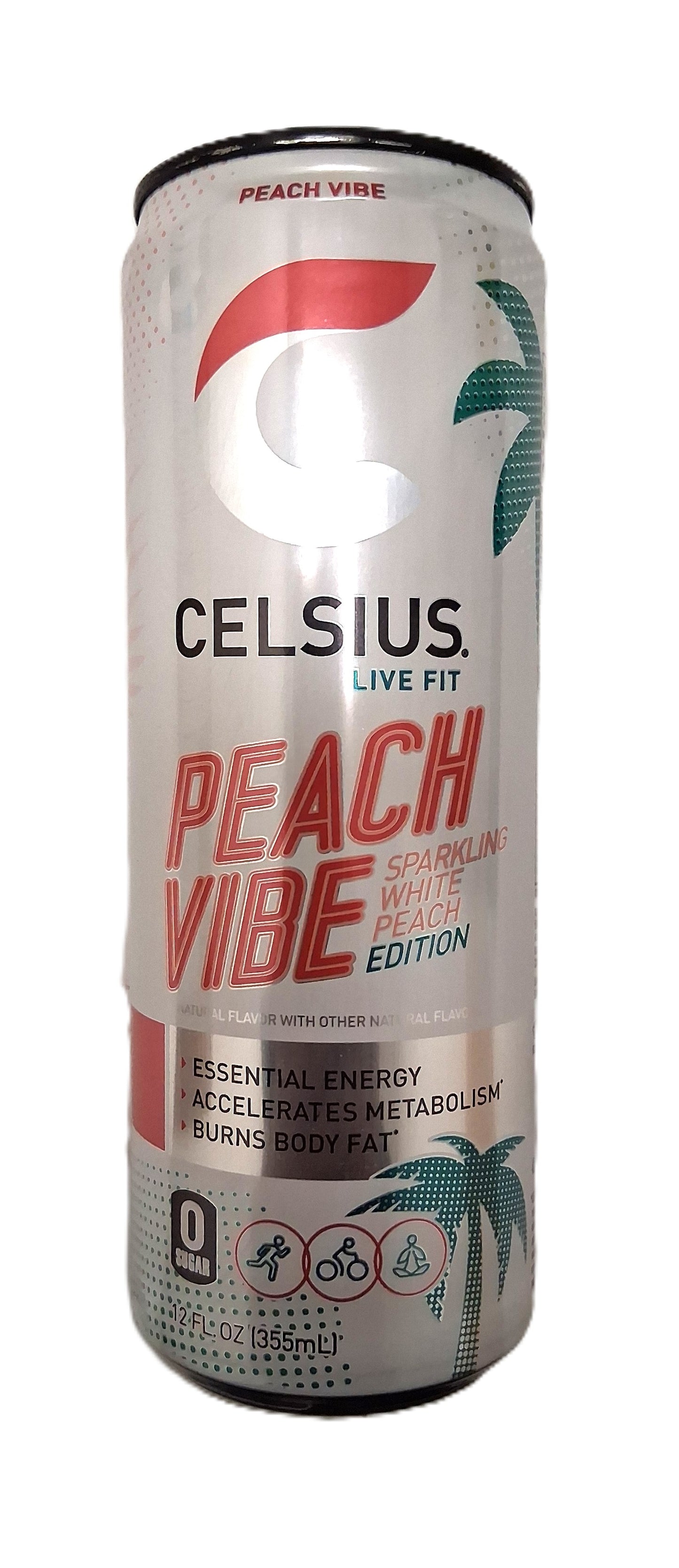 Meet Celsius Peach Vibe Energy Drink by TOJ EXPRESS—a refreshing sparkling beverage adorned with palm tree graphics, offering white peach flavor. It delivers Essential Energy, boosts metabolism, burns body fat, and is sugar-free for a guilt-free experience!.