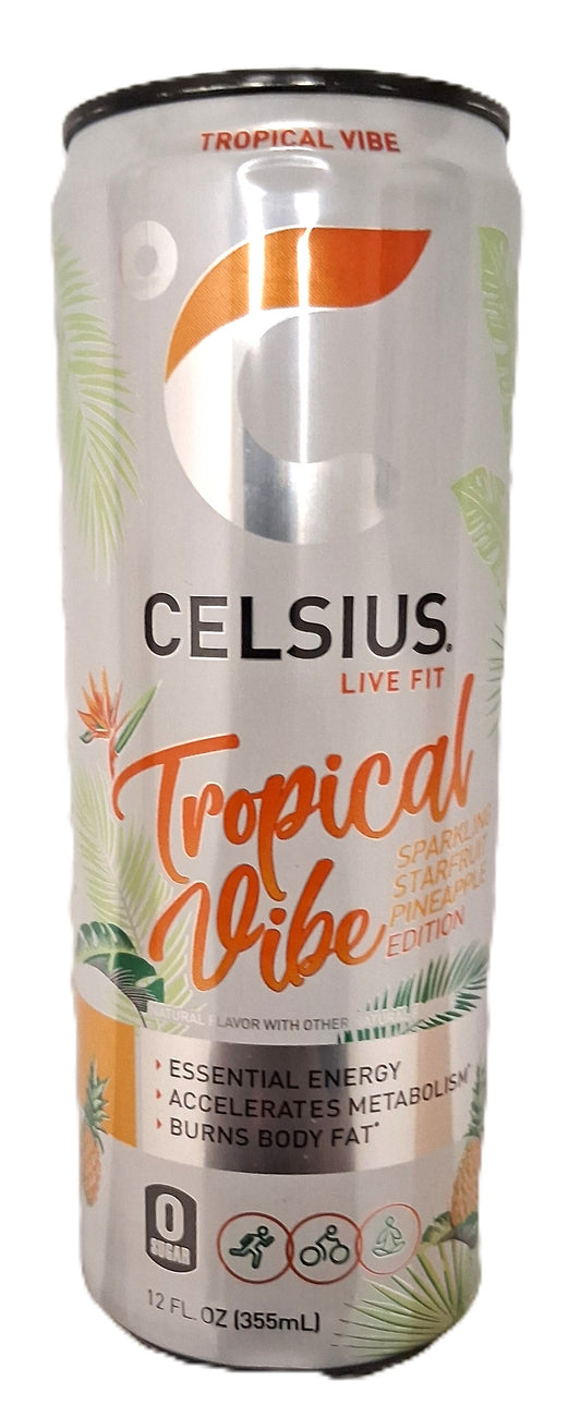 A 12 fl oz Celsius Tropical Vibe Energy Drink by TOJ EXPRESS, featuring a tropical leaf and starfruit design, offers a sparkling starfruit-pineapple flavor that boosts energy and metabolism to help burn body fat.