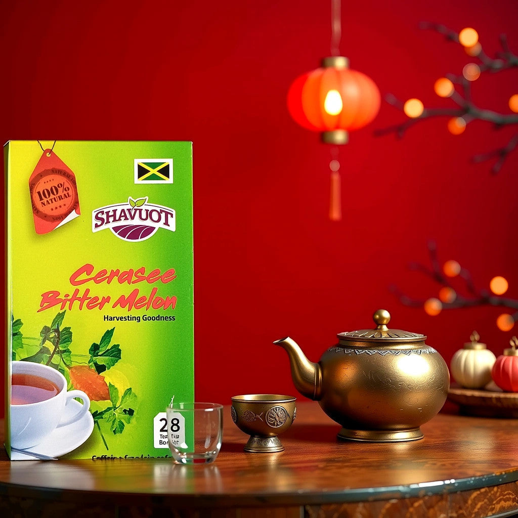 The Shavot-Cerasse Tea box from TOJ EXPRESS showcases a steaming cup, the Jamaican flag, and a 100% Natural label. It promotes immune-boosting benefits with 24 caffeine-free, anti-inflammatory sachets.