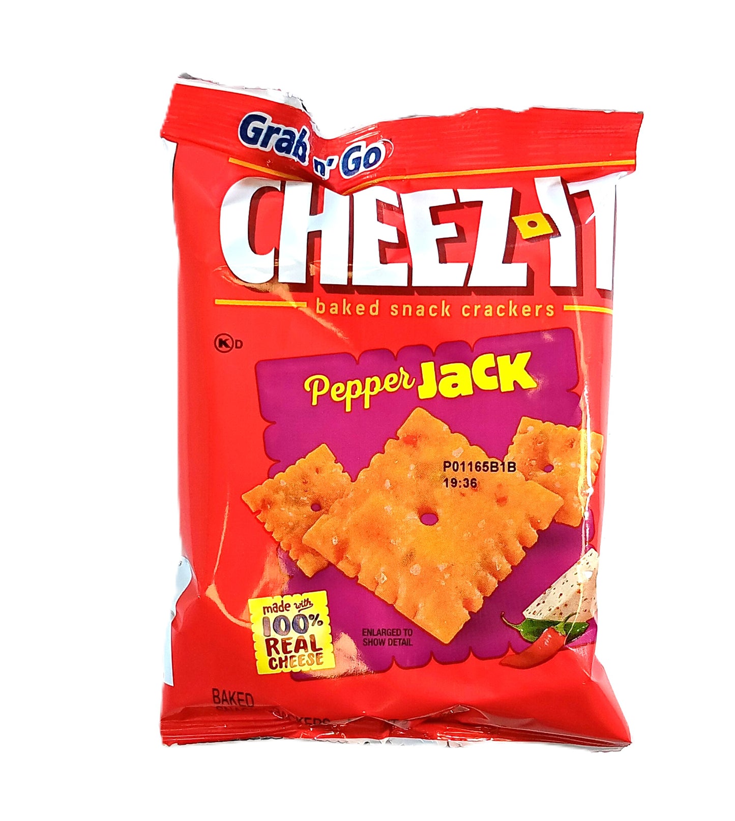 The TOJ EXPRESS Cheez-It Pepper Jack Crackers are in red packaging with cracker and cheese images. The Grab N Go label highlights Made with 100% Real Cheese, offering a cheesy snack experience.