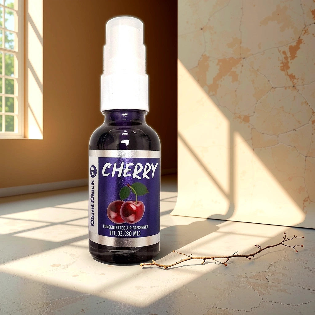 A small bottle of TOJ EXPRESSs Blunt Black Air Freshener-Cherry with a purple cherry-adorned label rests on a sunlit table. Its cherry fragrance fills the air, while a bare twig and sunlight create playful shadows on the wall.