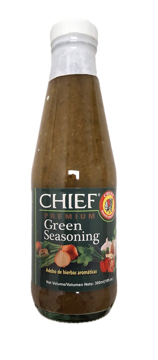 A clear bottle labeled Chief Green Seasoning by TOJ EXPRESS features images of fresh herbs and garlic with the text Adobo de hierbas aromáticas, highlighting its natural ingredients. This 300ml (10 fl oz) blend captures the essence of Chief Green Seasoning.