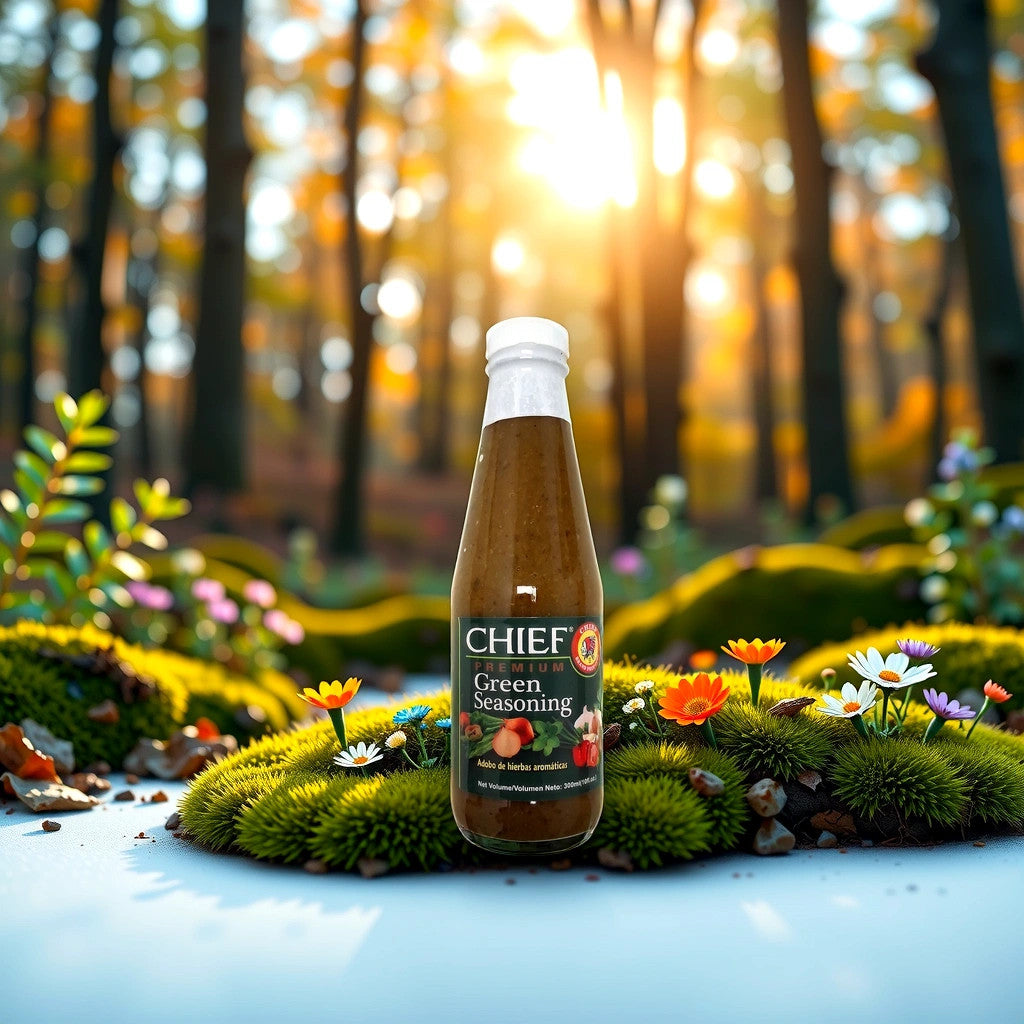 A bottle of Chief Green Seasoning by TOJ EXPRESS rests on a lush patch of moss and flowers in a sunlit forest, with warm light filtering through the trees to create a tranquil and picturesque scene.