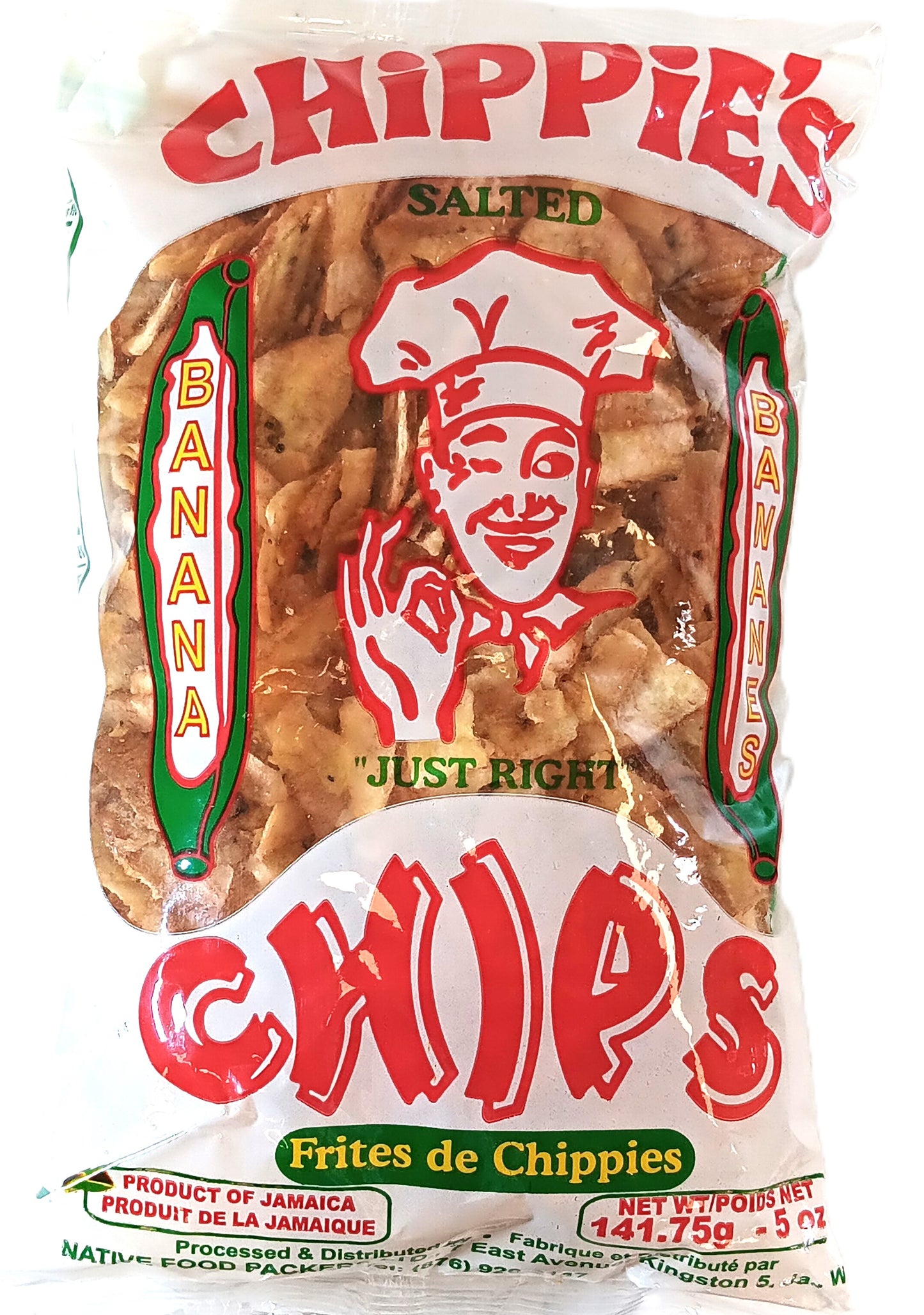 A 5oz bag of TOJ EXPRESS Chippies Banana Chips is rich in fiber and potassium, featuring a cartoon chef and labeled Salted and Just Right. Green bananas adorn the sides, proudly displaying Product of Jamaica on the packaging.