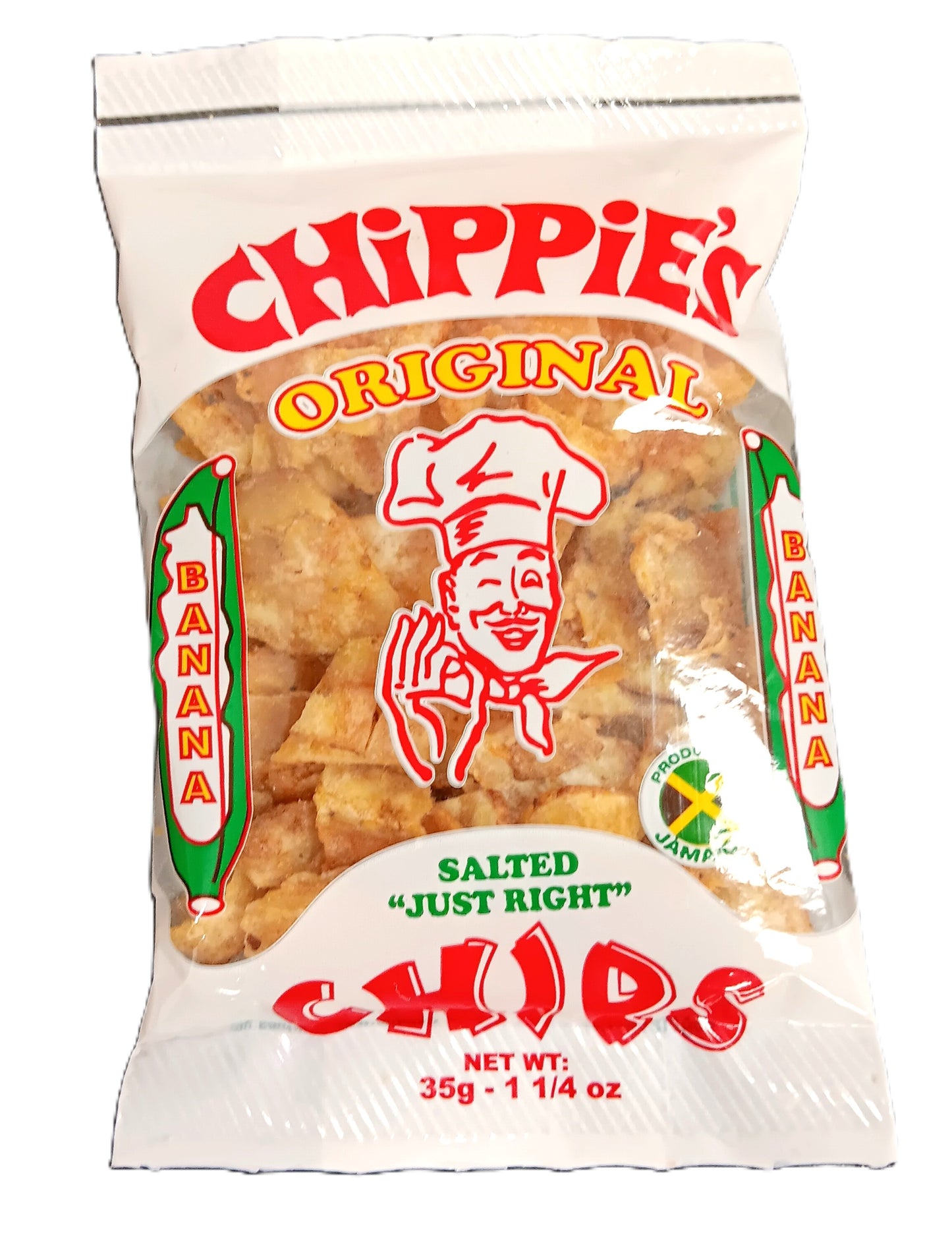 A 35g bag of TOJ EXPRESSs Chippies Banana Chips, featuring a smiling chef logo and labeled Salted Just Right, offers a healthy, potassium-rich snack.