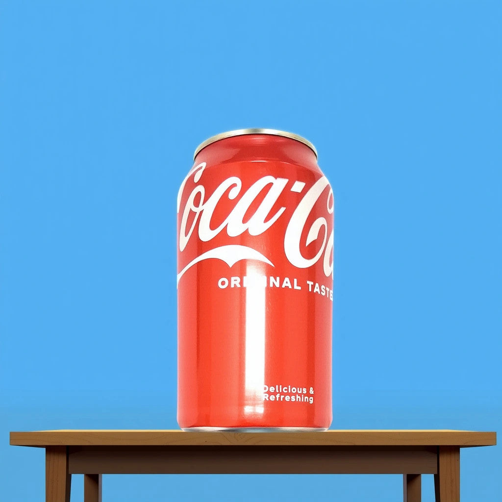 A Coca Cola can from TOJ EXPRESS, featuring the iconic red design with white text, rests on a wooden table against a bright blue backdrop, promising its refreshing taste.
