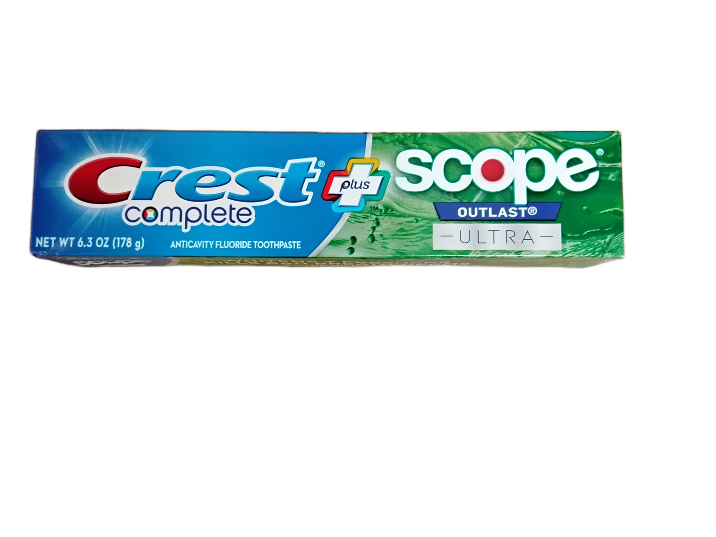 A 6.3 oz box of TOJ EXPRESS Crest and Scope Toothpaste, featuring cavity protection, a minty-fresh flavor, and green-blue branded packaging.