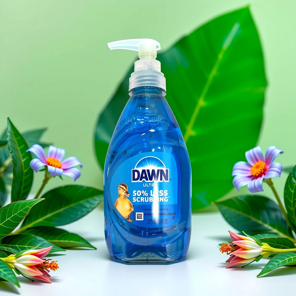 A 7.5 oz bottle of TOJ EXPRESS Dawn Ultra Dishwashing Liquid with a dispenser pump sits on a white surface. The label, featuring a duck, promises 50% less scrubbing for sparkling dishes amid vibrant green leaves and colorful flowers against a light green background.