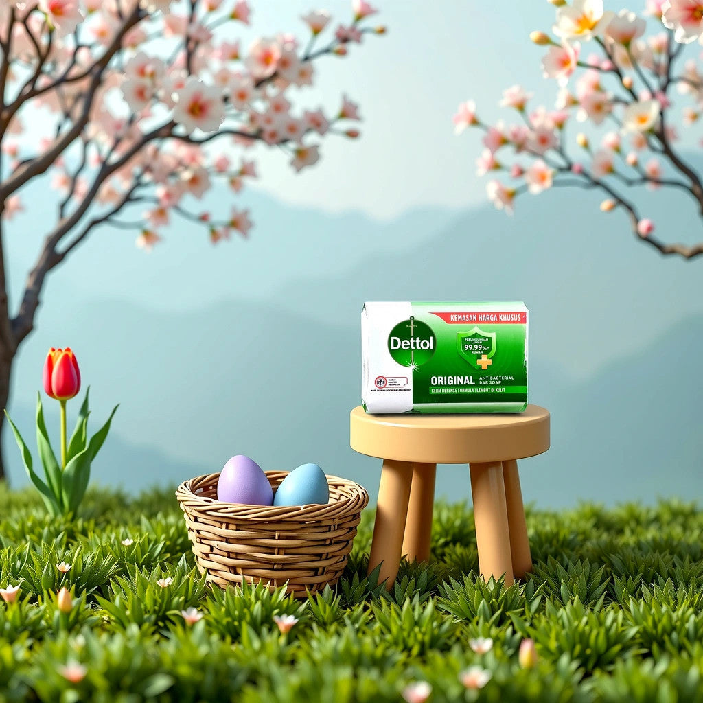 TOJ EXPRESSs Dettol Soap antibacterial bar highlights 99.99% germ protection with a green design and cross logo. Its gentle formula ensures excellent hygiene and comes in packaging with a special price label in Indonesian, perfect for those seeking effective cleanliness.