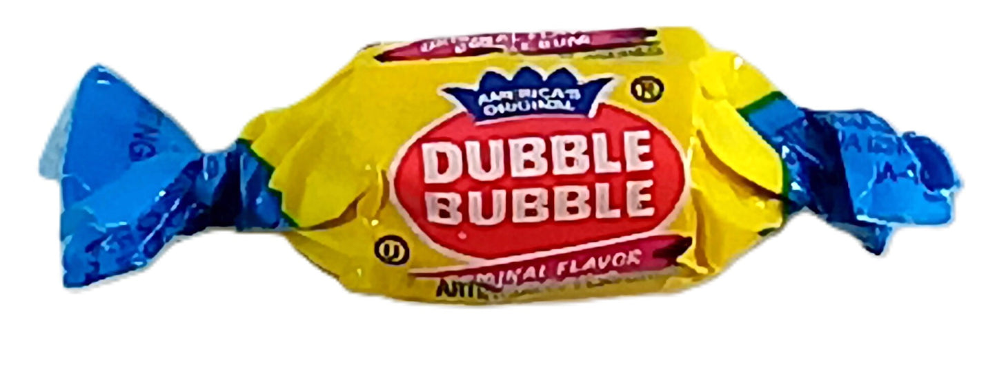 A single piece of TOJ EXPRESSs Dubble Bubble gum, wrapped in its distinctive yellow, blue, and red packaging, offers a flavorful chewing experience with the Dubble Bubble text prominently displayed on the front.