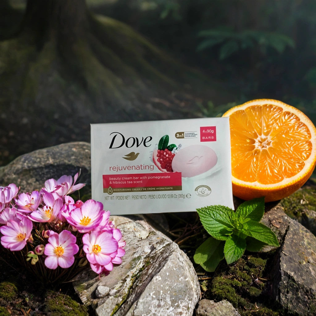 A TOJ EXPRESS Dove Bar Soap (rejuvenating) pack with pomegranate rests on a rock, surrounded by pink flowers, green leaves, and a sliced orange outdoors—ideal for gentle moisture and nourished skin.