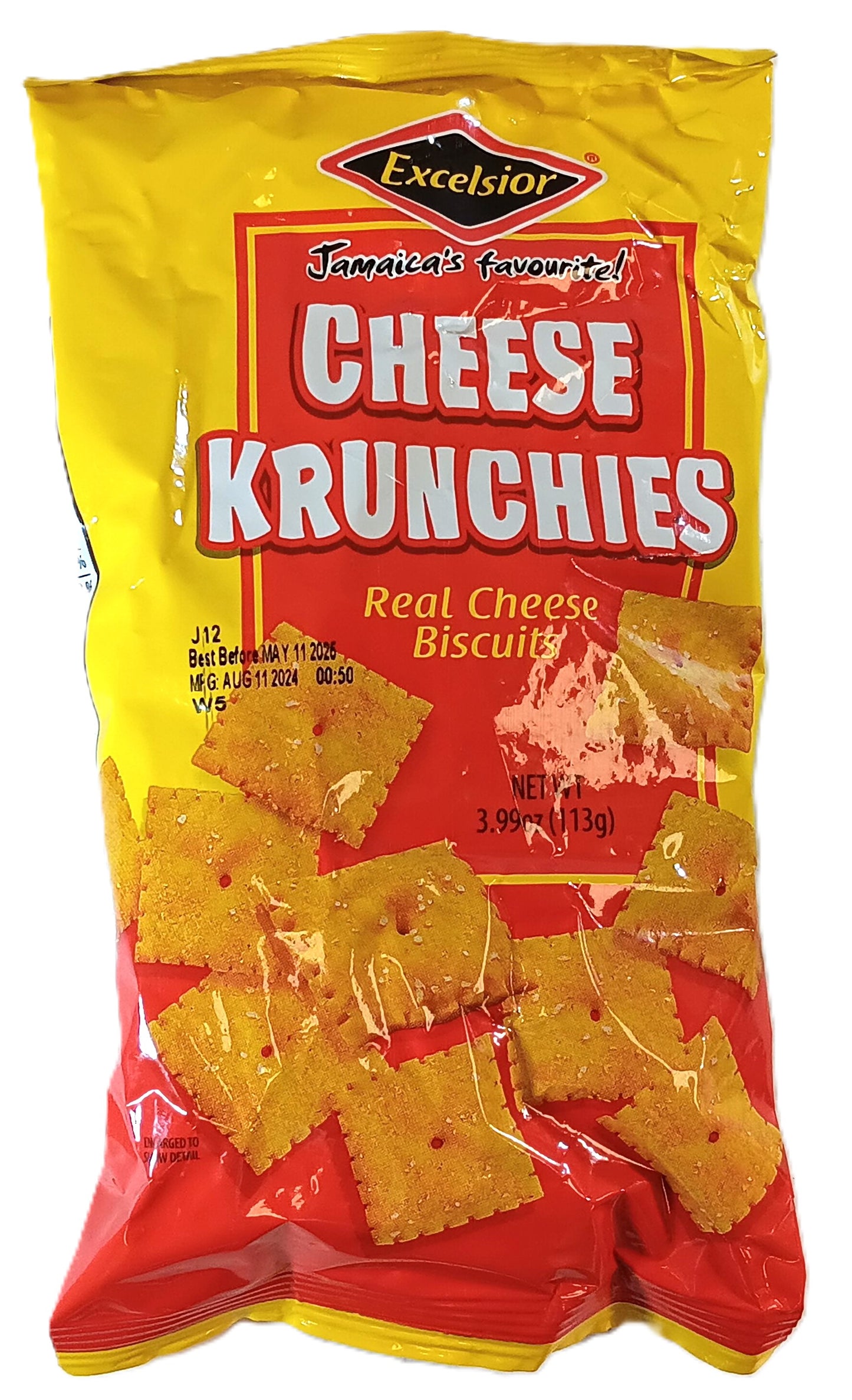 A 3.99 oz (113g) bag of TOJ EXPRESS Excelsior Cheese Krunches, dubbed Jamaicas Favourite, features Real Cheese Biscuits on a vivid yellow and red package, emphasizing its crispy crunch cheese snacks.