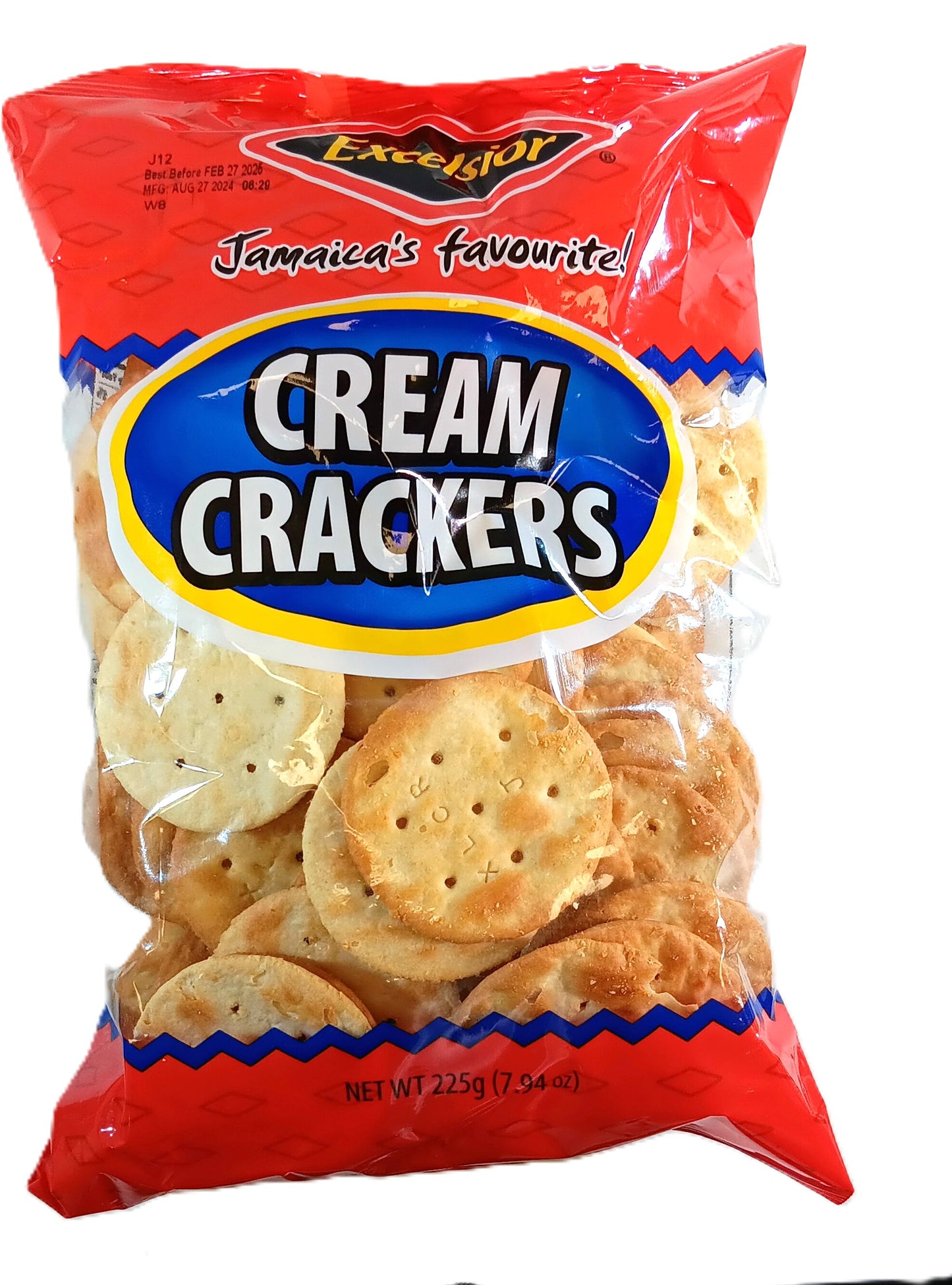A red and blue package of Excelsior Cream Crackers, labeled Jamaicas favourite! The bag contains round crackers, and the net weight is 225g (7.94 oz).