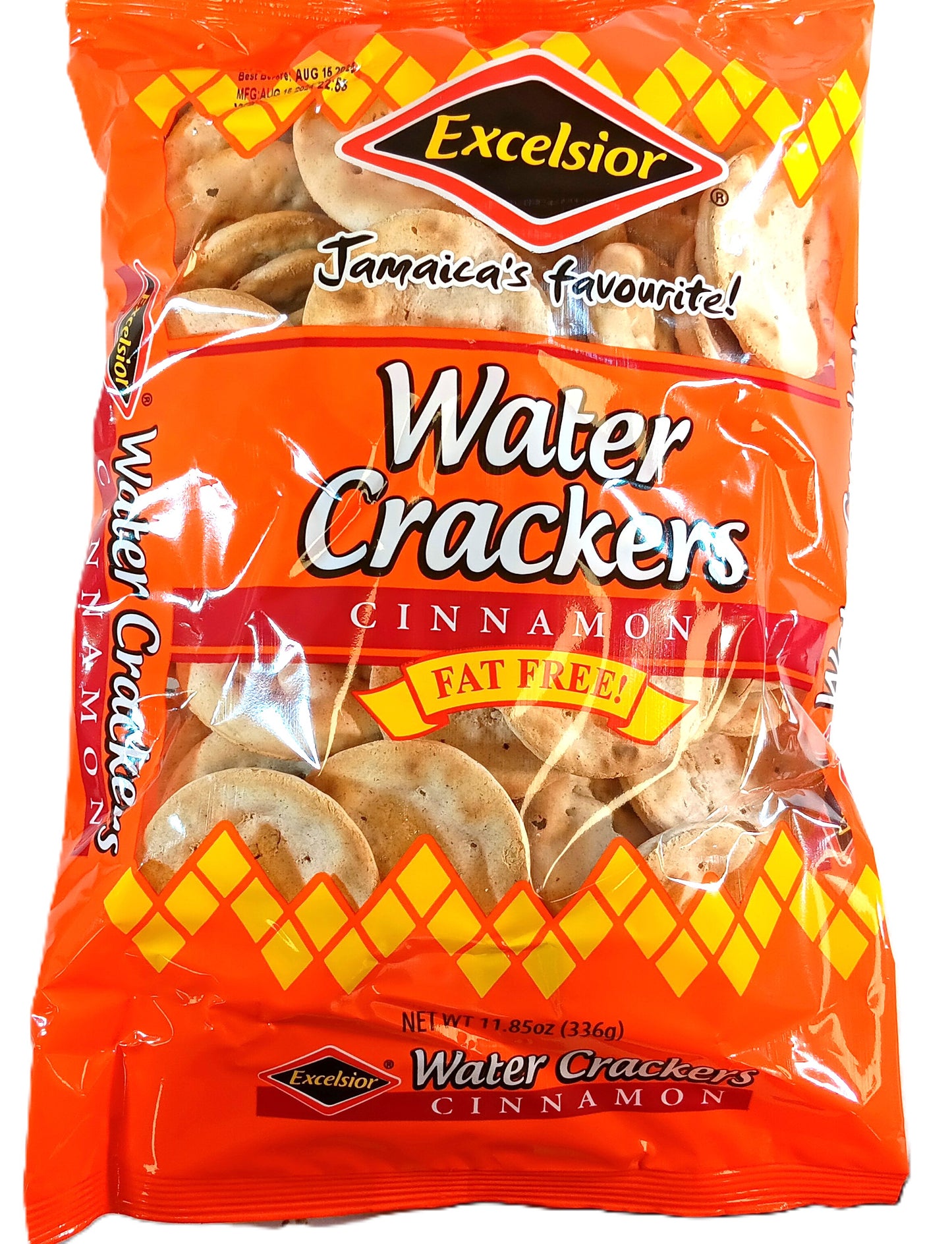 A vibrant orange TOJ EXPRESS bag of Excelsior Water Crackers (Cinnamon Flavor), ideal for cheese pairings, showcases its cinnamon taste. The packaging prominently claims Jamaicas favourite and Fat Free, with crackers alluringly visible through a clear window.