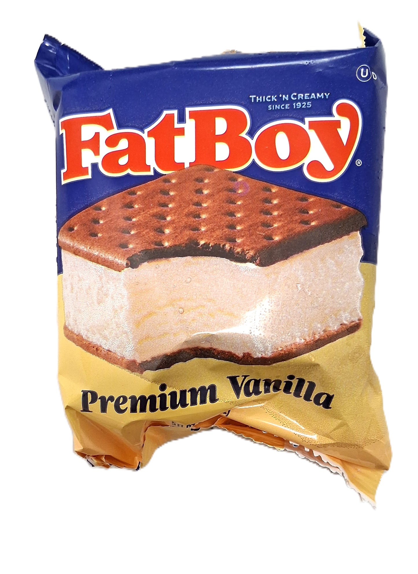 The packaging of the Thick And Creamy Fat Boy Ice Cream Sandwich by TOJ EXPRESS features an indulgent treat with vanilla ice cream between two chocolate wafers, boasting Thick N Creamy Since 1925 for the perfect experience.