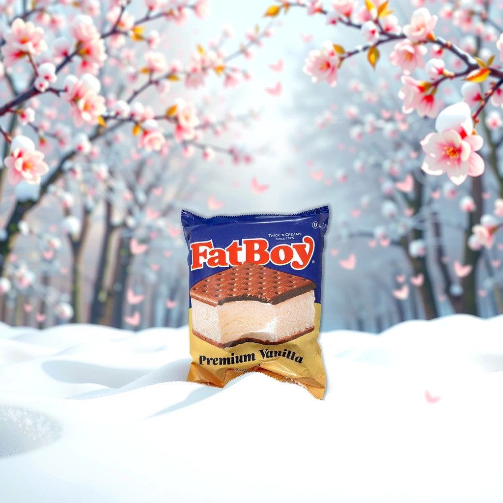 A Thick And Creamy Fat Boy Ice Cream Sandwich by TOJ EXPRESS sits on a snowy surface, offering indulgence against the softly blurred pink blossoms of cherry trees, beautifully contrasting winters essence with a spring-like backdrop.
