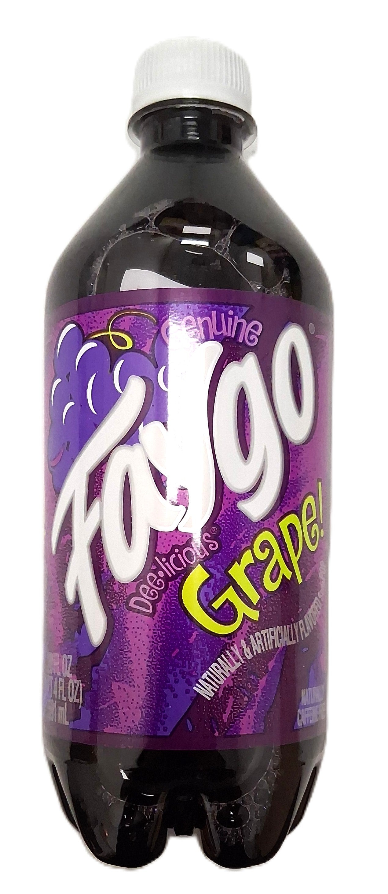 A 20 oz plastic bottle of Faygo Grape Soda from TOJ EXPRESS features a bold white brand name on a purple label with an image of juicy grapes and the word Grape! in vibrant yellow, offering a refreshing taste with natural and artificial flavoring.