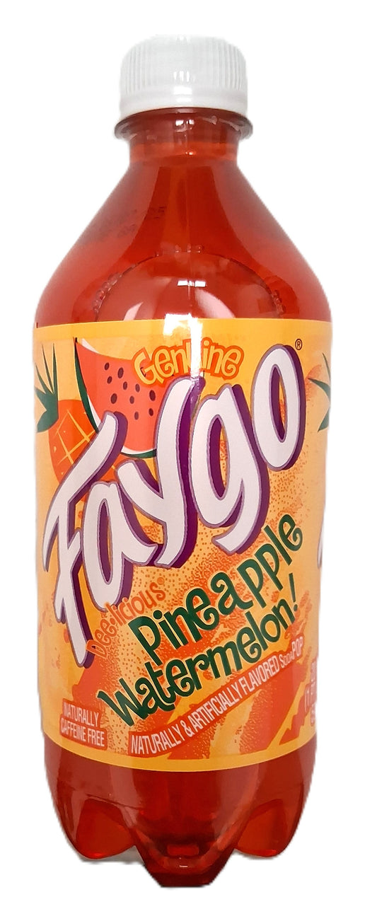 The 20oz Faygo Pineapple Watermelon Soft Drink by TOJ EXPRESS features a colorful label with playful pineapple and watermelon illustrations. It highlights Genuine Faygo Pineapple Watermelon, a refreshing, caffeine-free beverage with fruity flavors and natural/artificial flavoring.