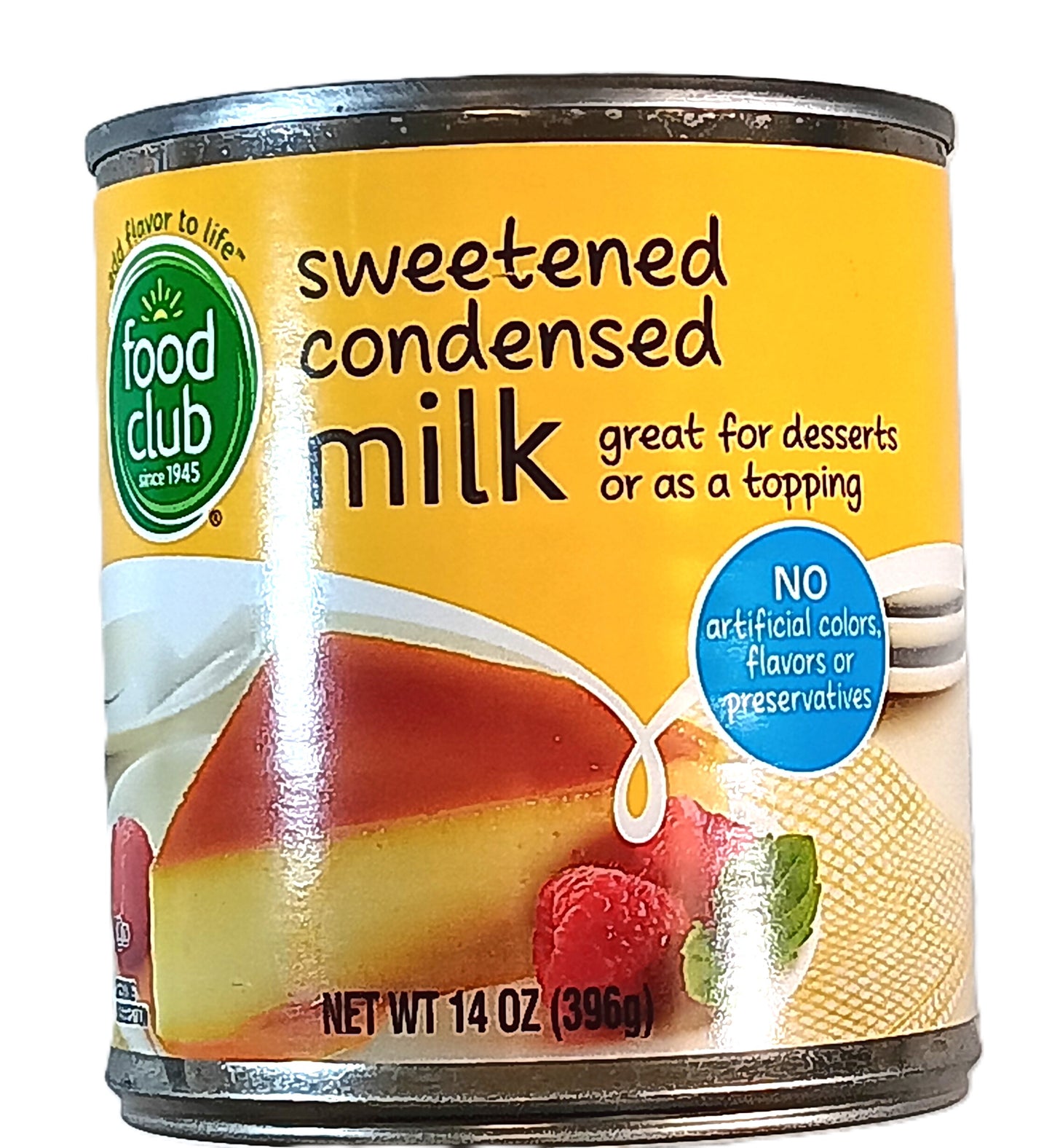 A 14 oz (396g) can of TOJ EXPRESS Food Club Condensed Milk. The yellow label displays dessert with milk and raspberries, highlighting its dessert and topping use. It has no artificial additives.