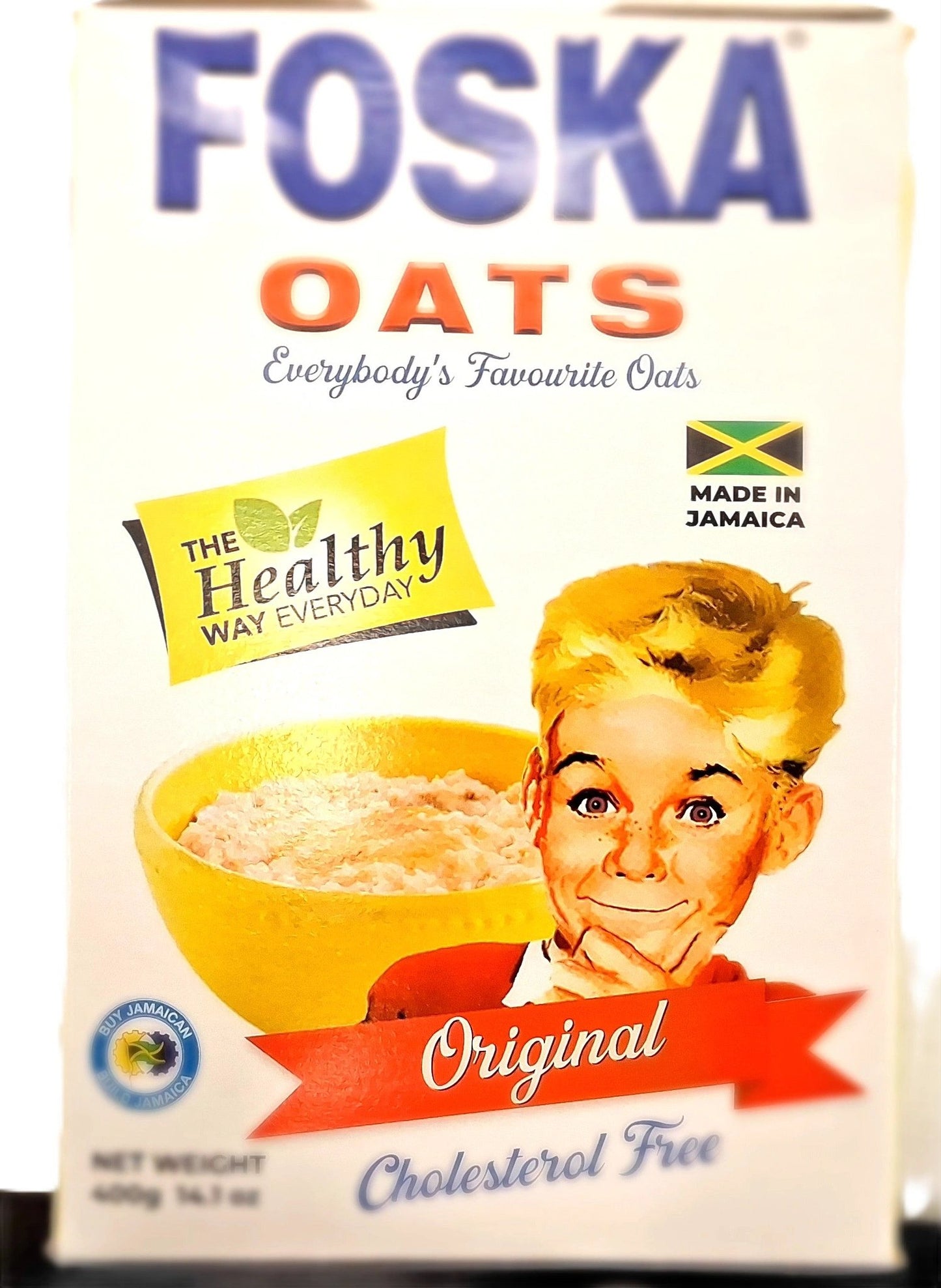 A box of Foska Oats from TOJ EXPRESS, known as Everybodys Favourite Oats, shows a smiling child and a bowl of oats. Marketed as The Healthy Way Everyday, its made in Jamaica, original, cholesterol-free, fiber-rich, protein-packed; 400g/14.1 oz—ideal for starting the day!.